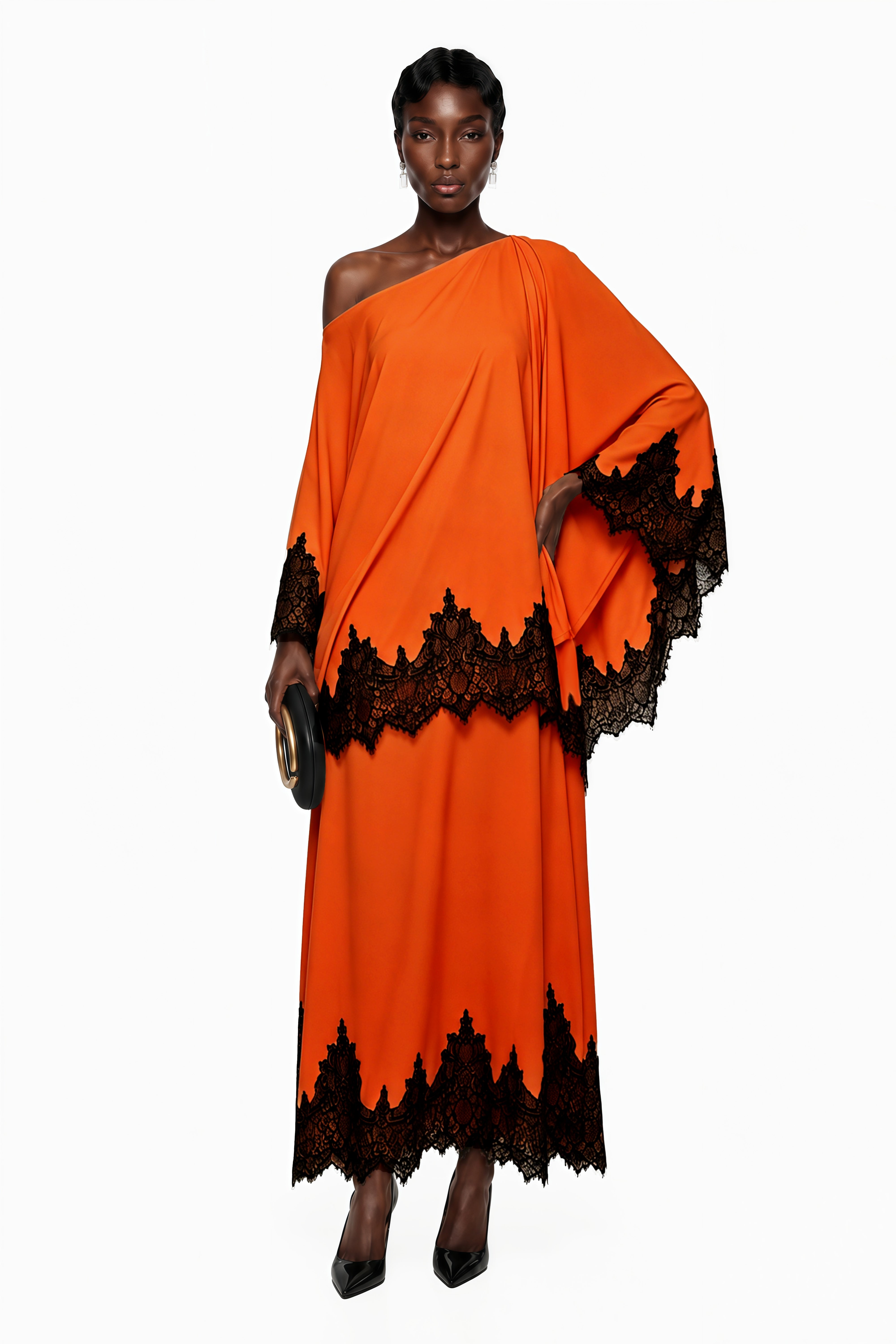 Aoraki Orange One Shoulder Top & Skirt Set with Lace Trim