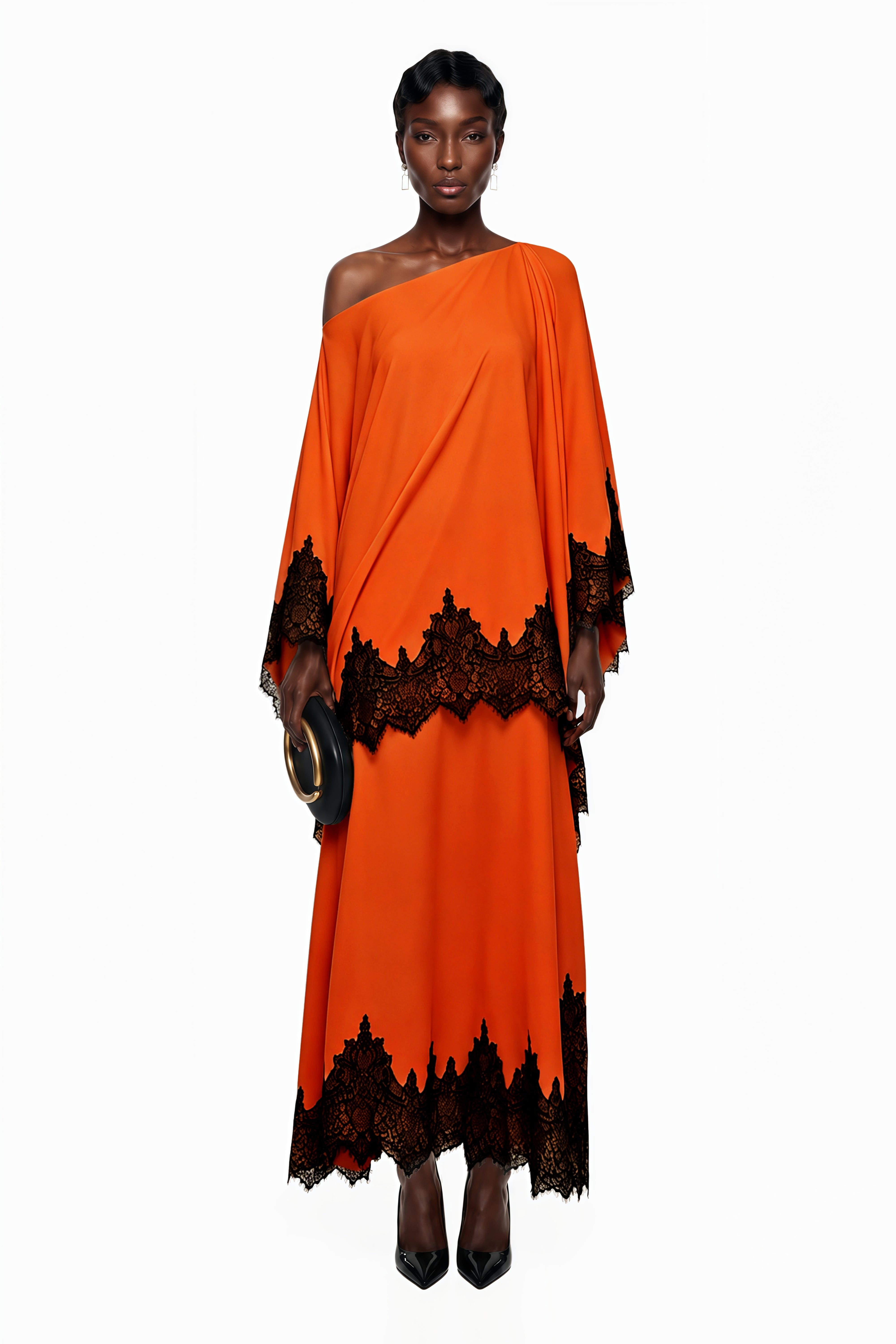 Aoraki Orange One Shoulder Top & Skirt Set with Lace Trim
