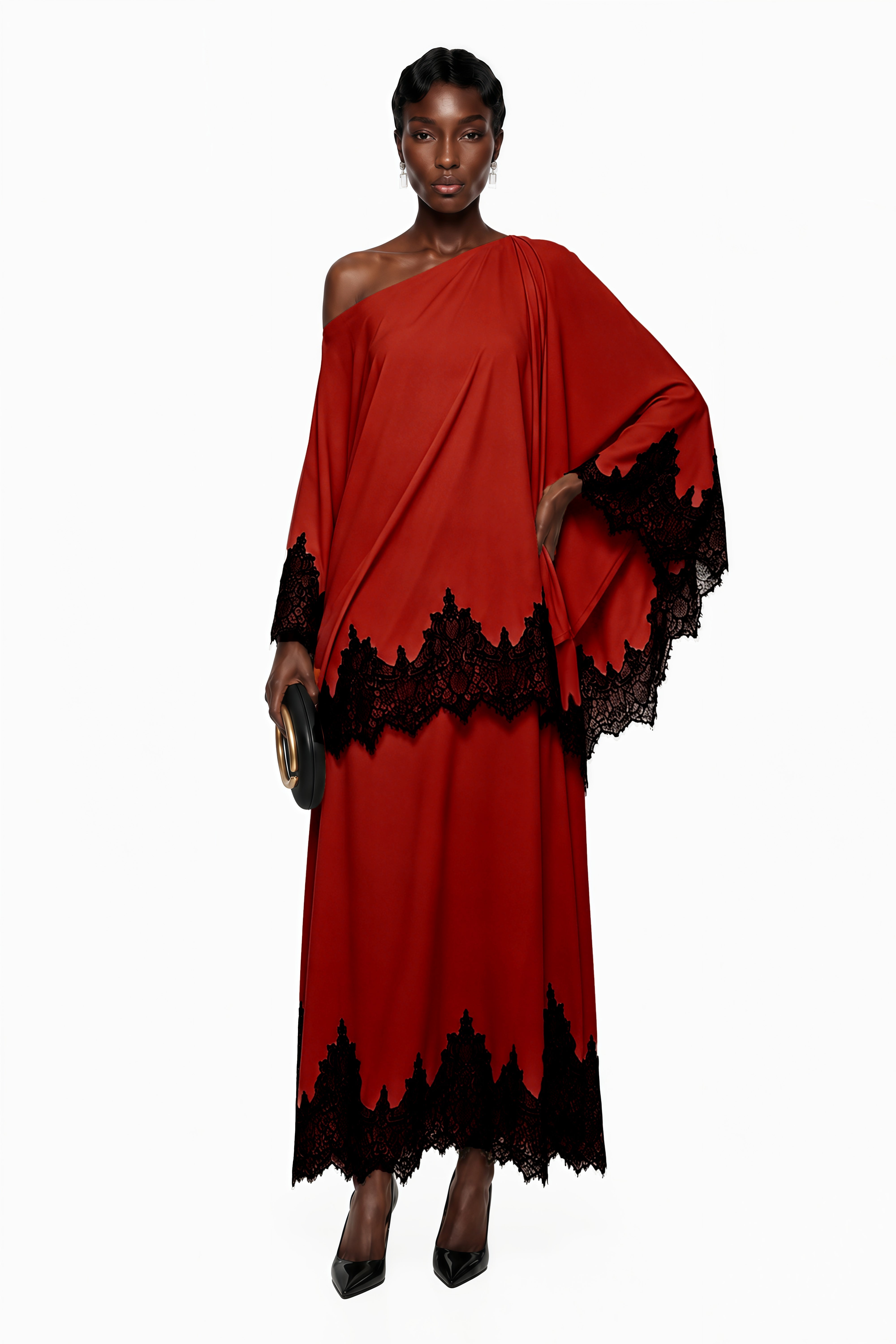 Aoraki Red One Shoulder Top & Skirt Set with Lace Trim