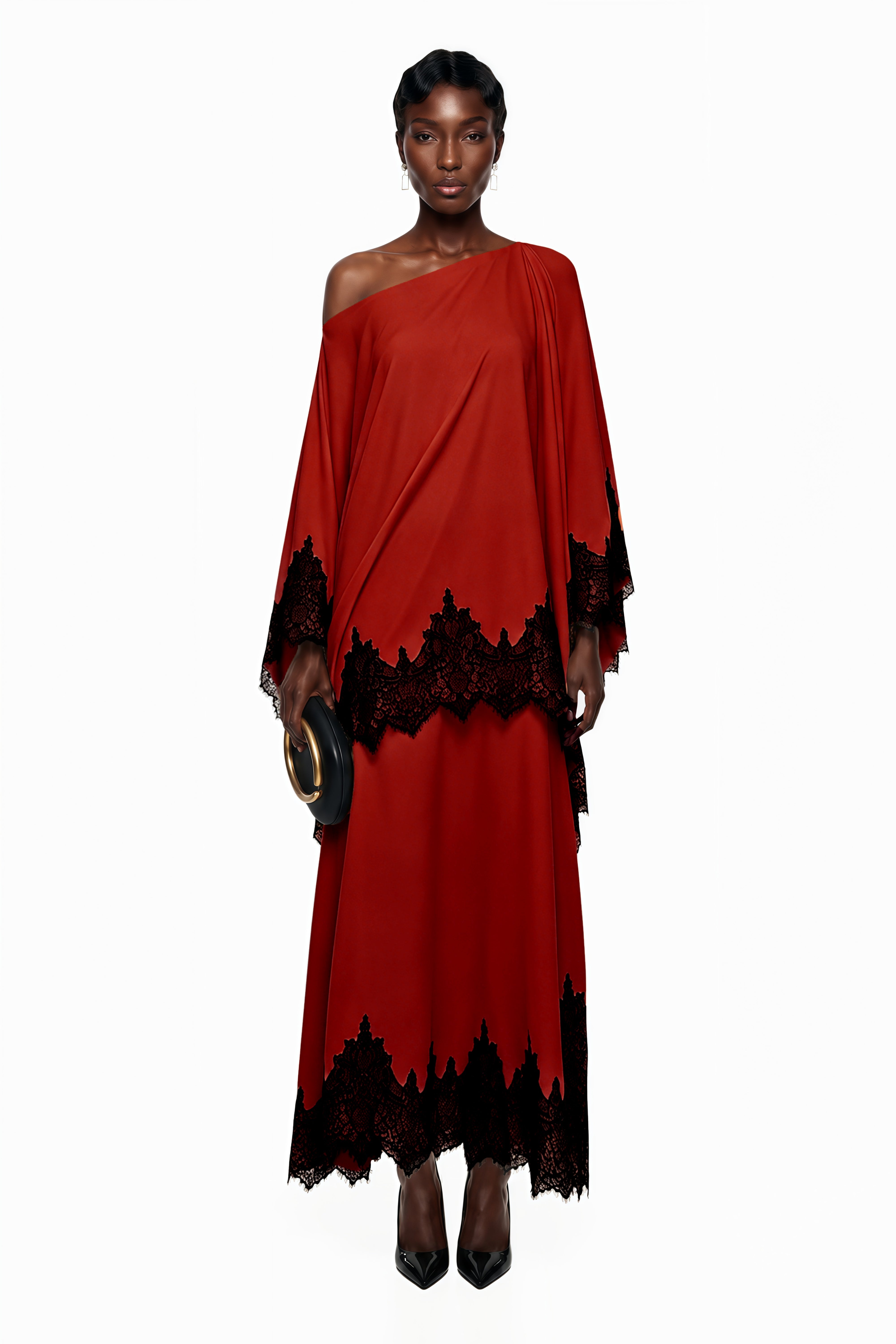 Aoraki Red One Shoulder Top & Skirt Set with Lace Trim