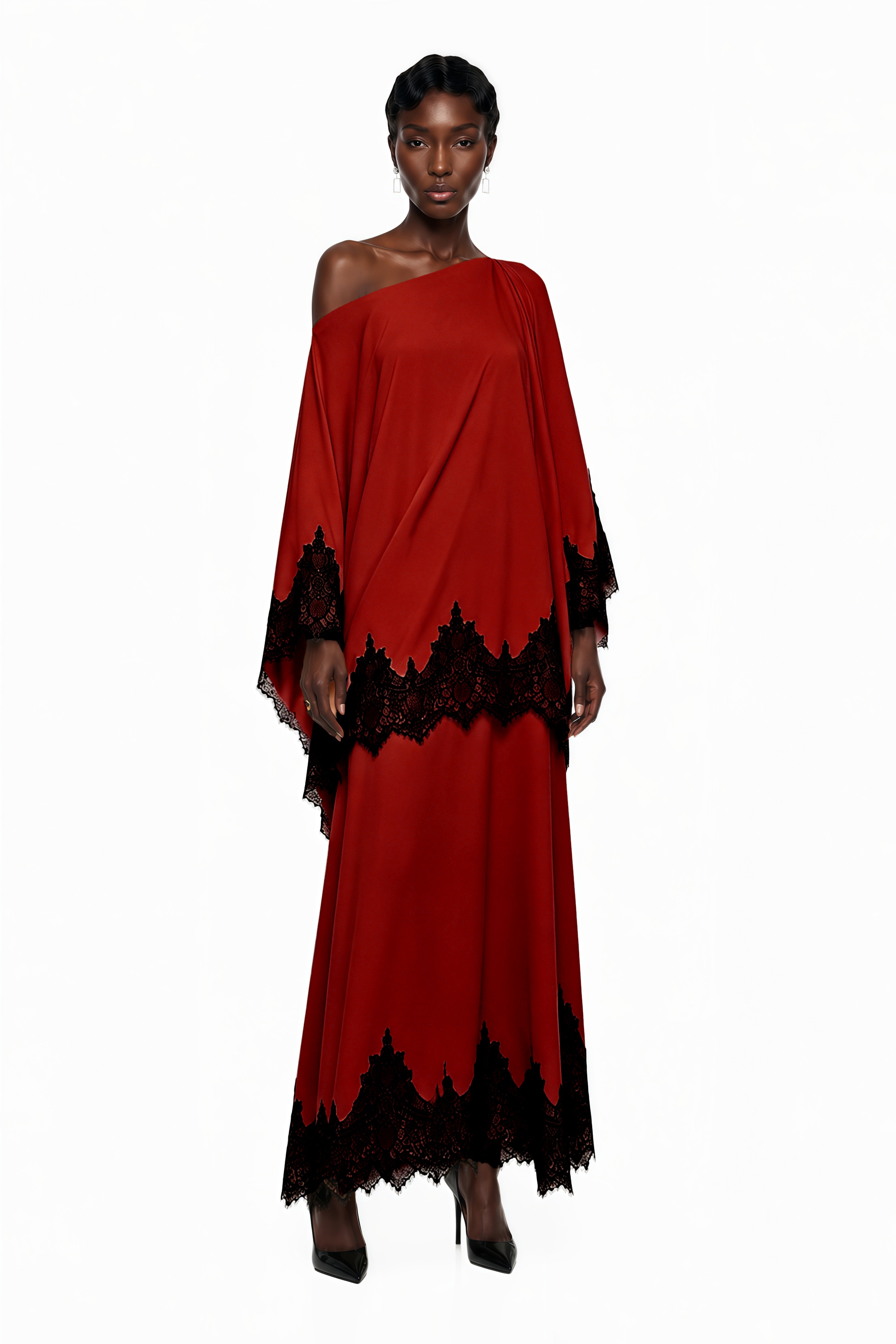 Aoraki Red One Shoulder Top & Skirt Set with Lace Trim