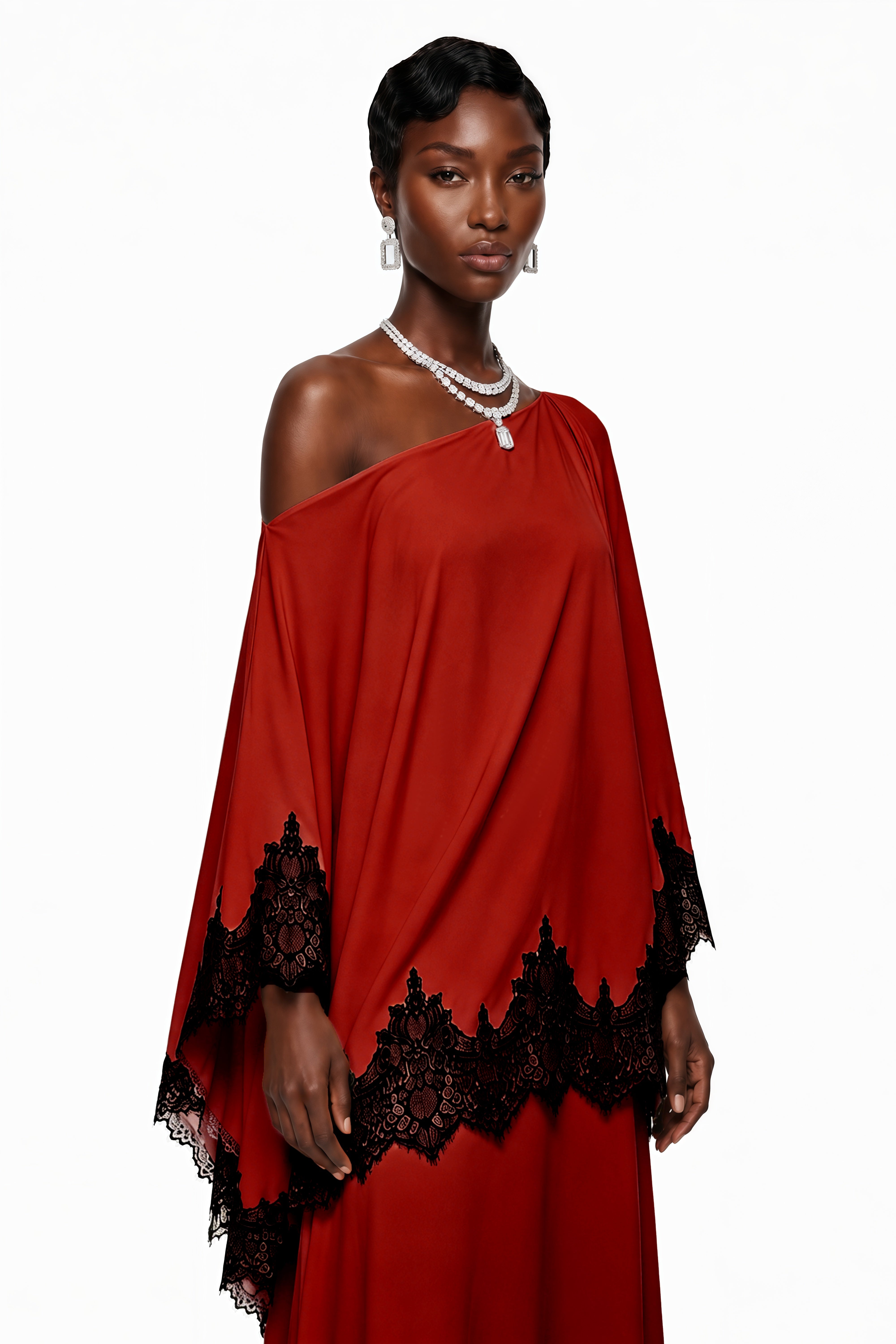 Aoraki Red One Shoulder Top & Skirt Set with Lace Trim