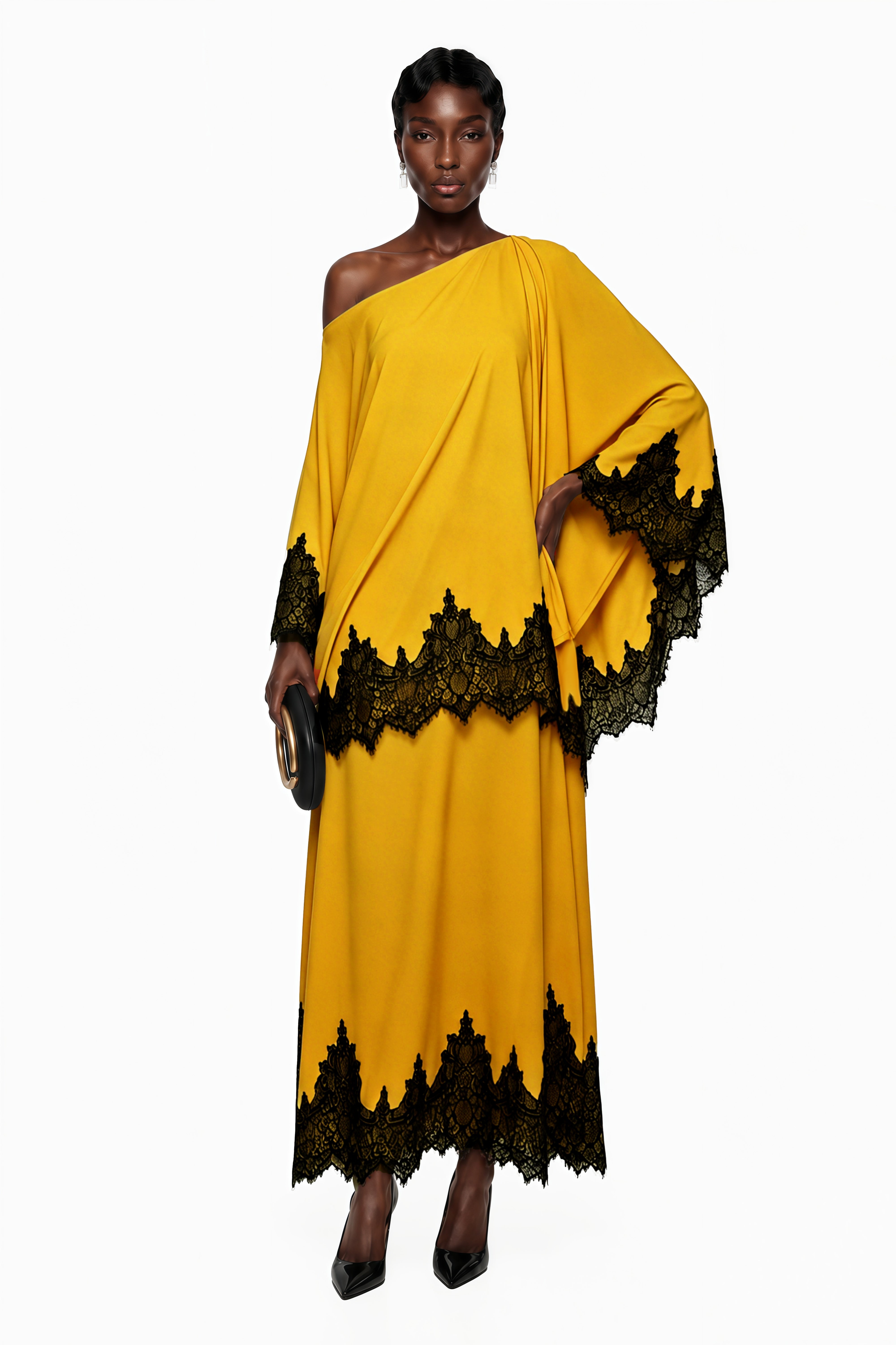 Aoraki Yellow One Shoulder Top & Skirt Set with Lace Trim