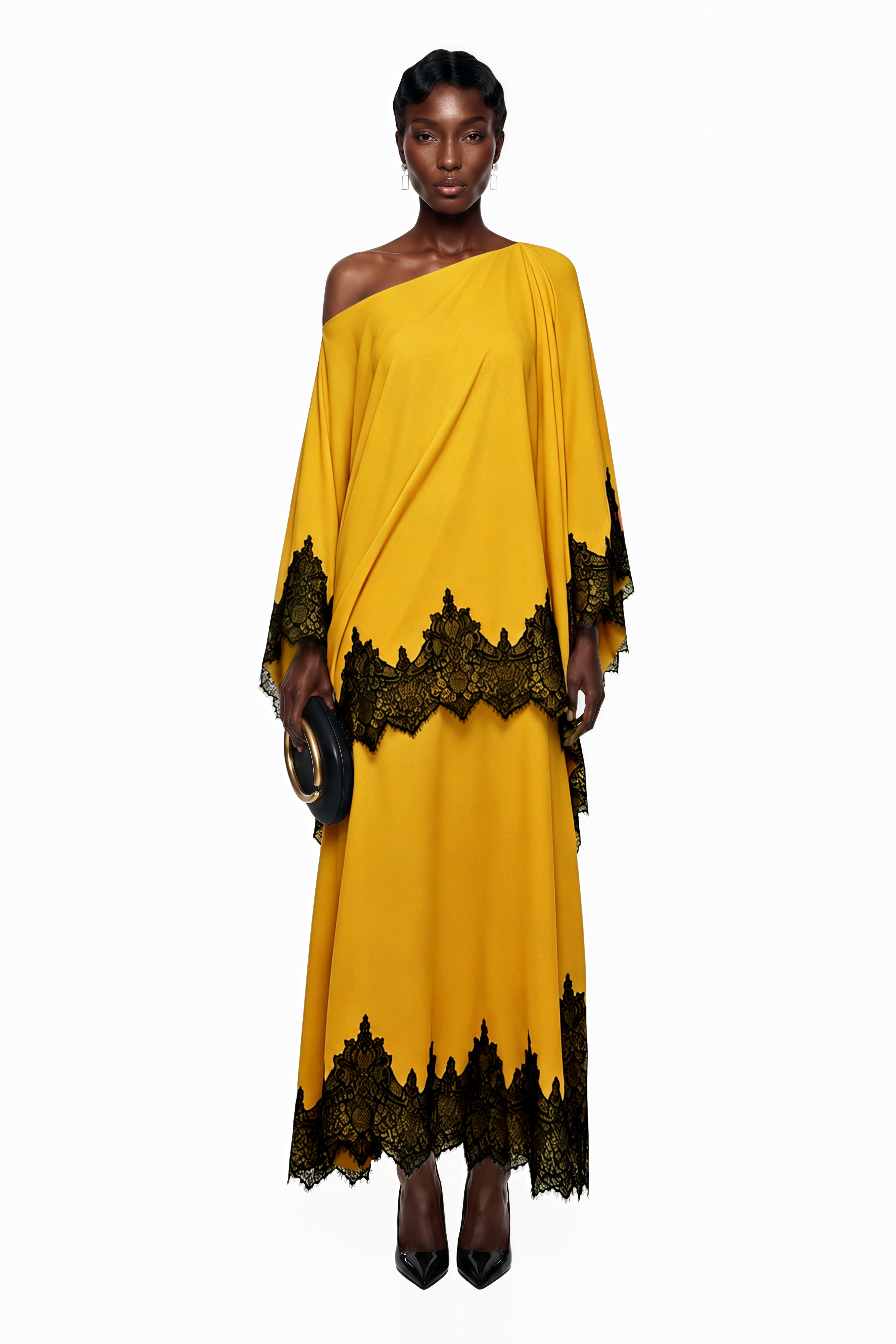 Aoraki Yellow One Shoulder Top & Skirt Set with Lace Trim