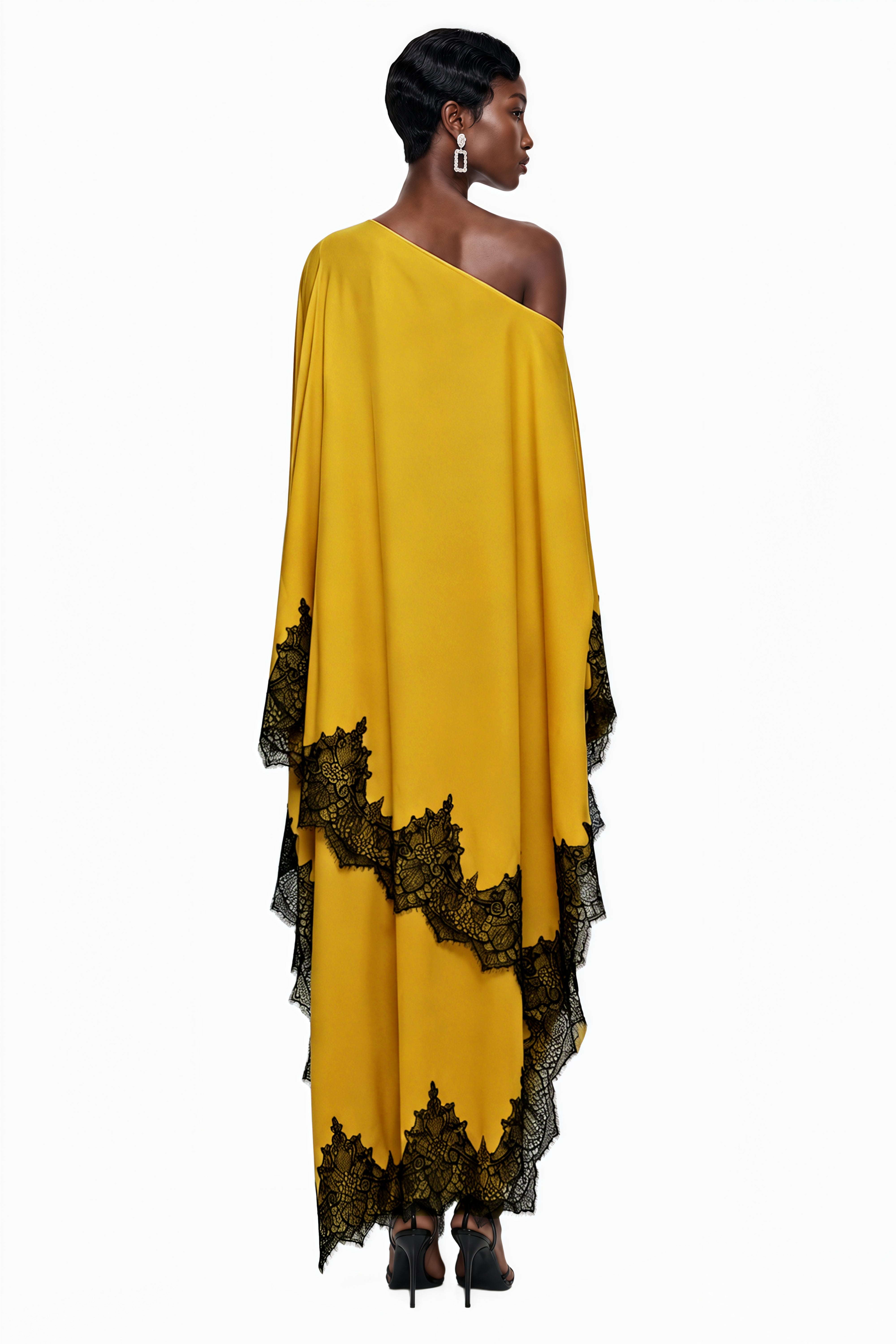 Aoraki Yellow One Shoulder Top & Skirt Set with Lace Trim