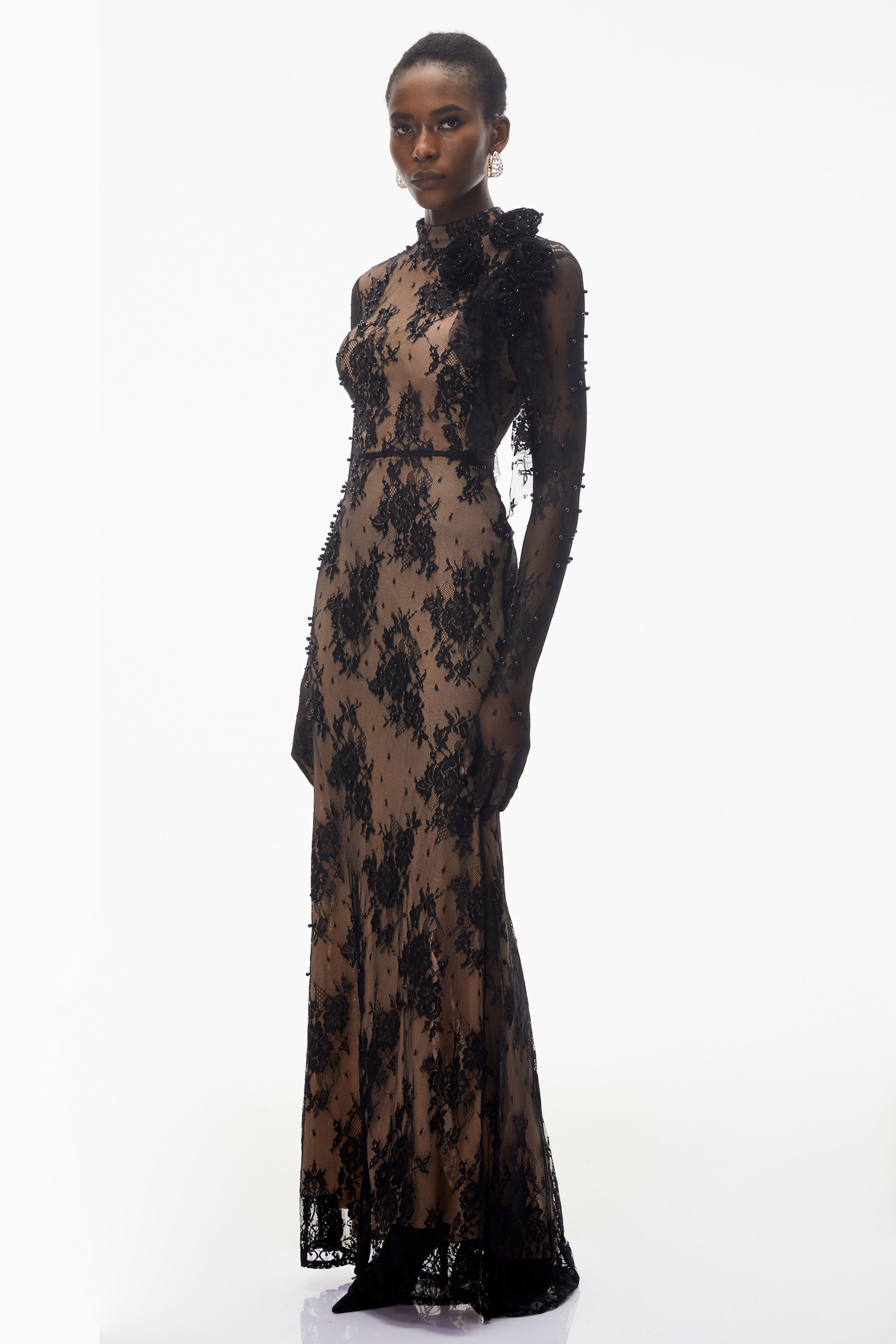 Arabella Black Mock Neck Sequin Lace Maxi Dress