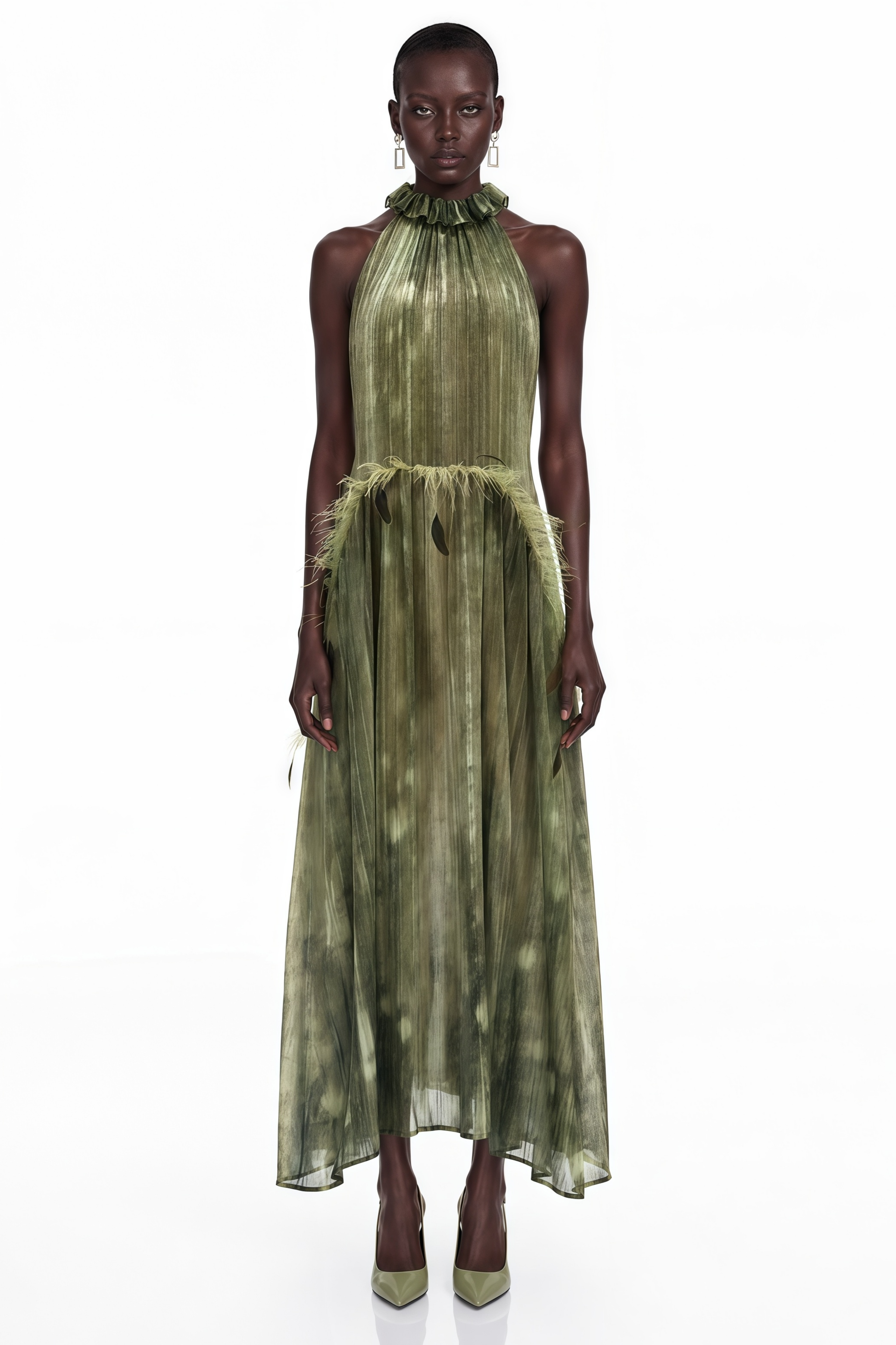 Areta Green Pleated Maxi Dress with Feather Trim