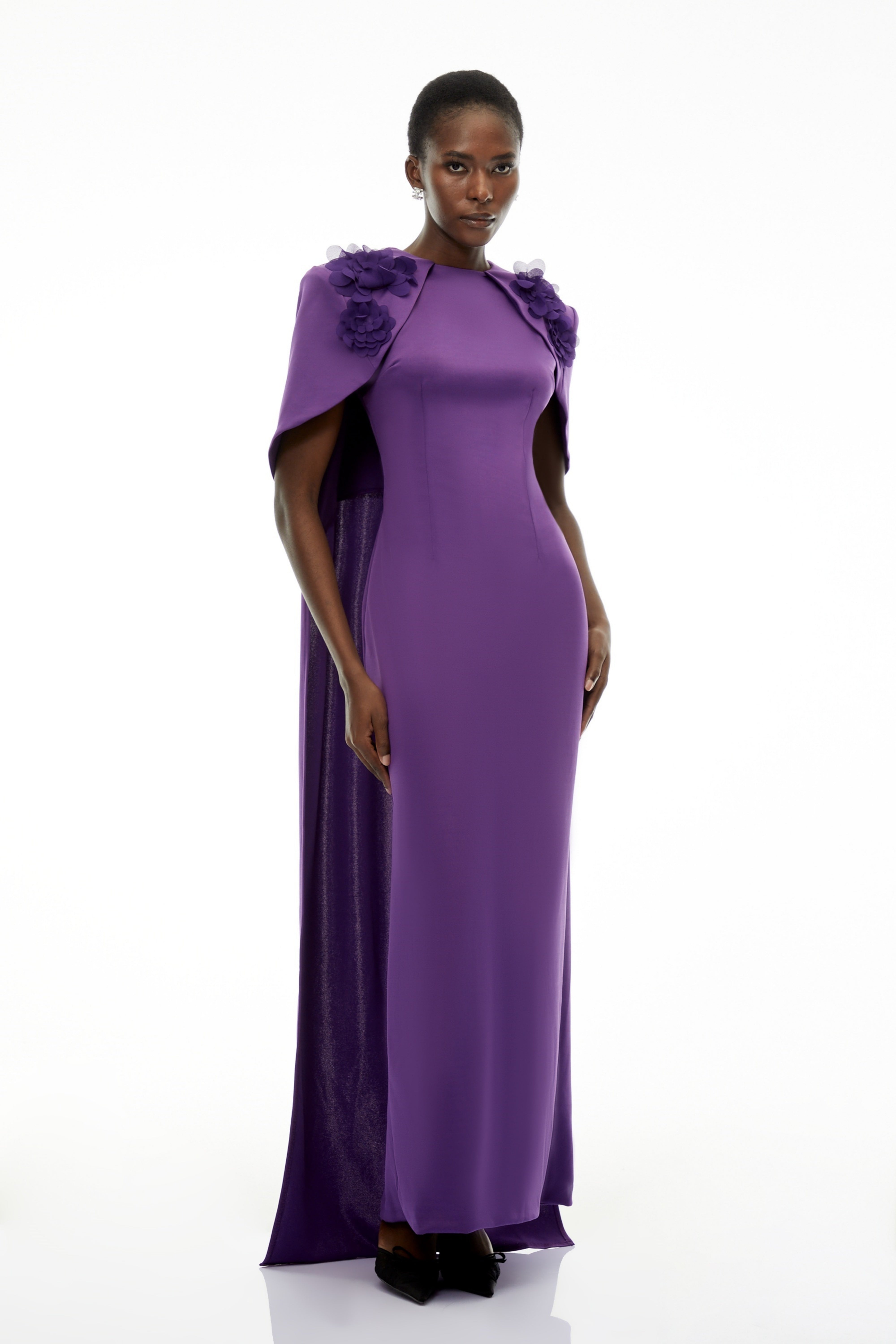 Aria Purple Cinched Maxi Dress with Cape and 3D Florals (Final Sale)