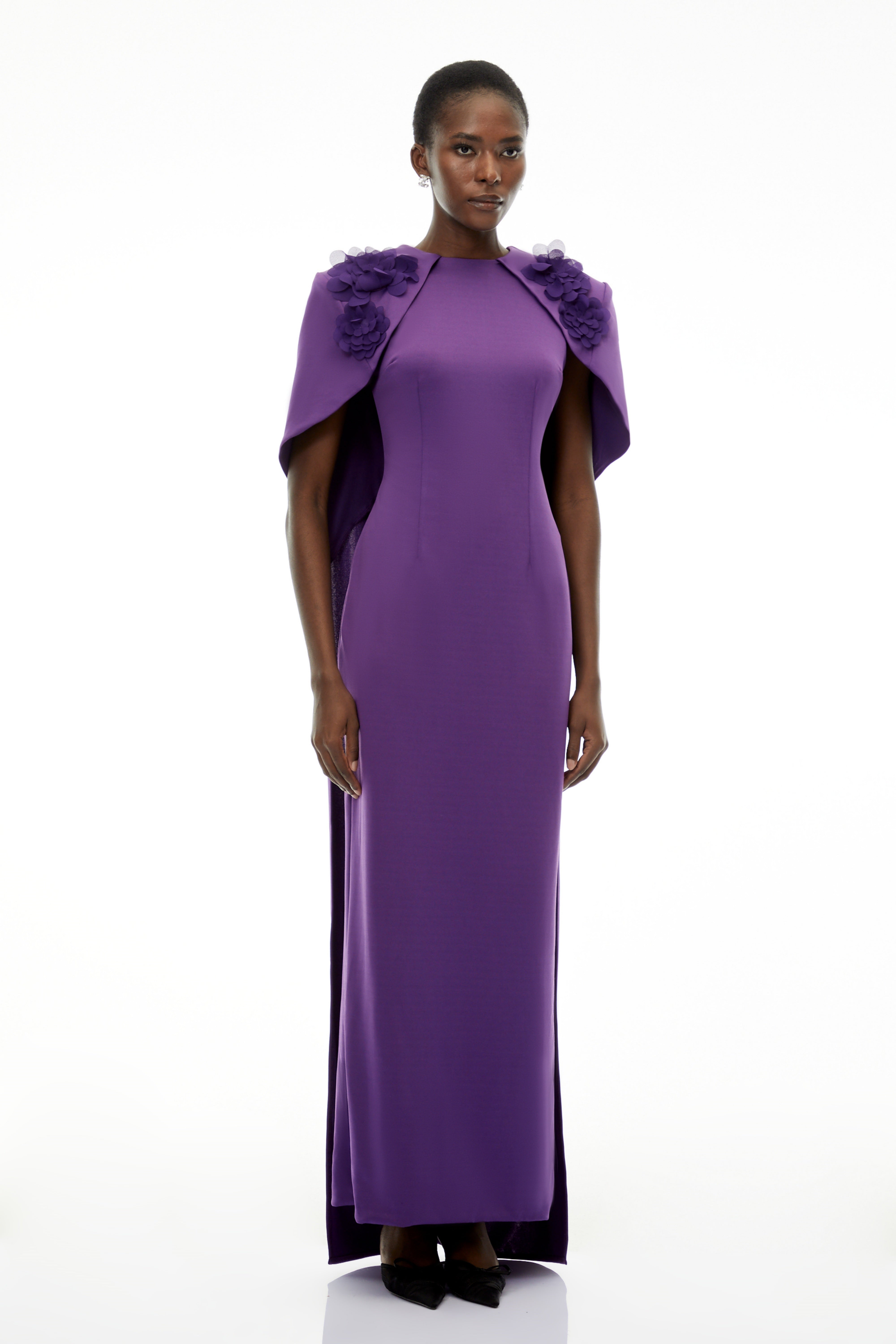 Aria Purple Cinched Maxi Dress with Cape and 3D Florals (Final Sale)