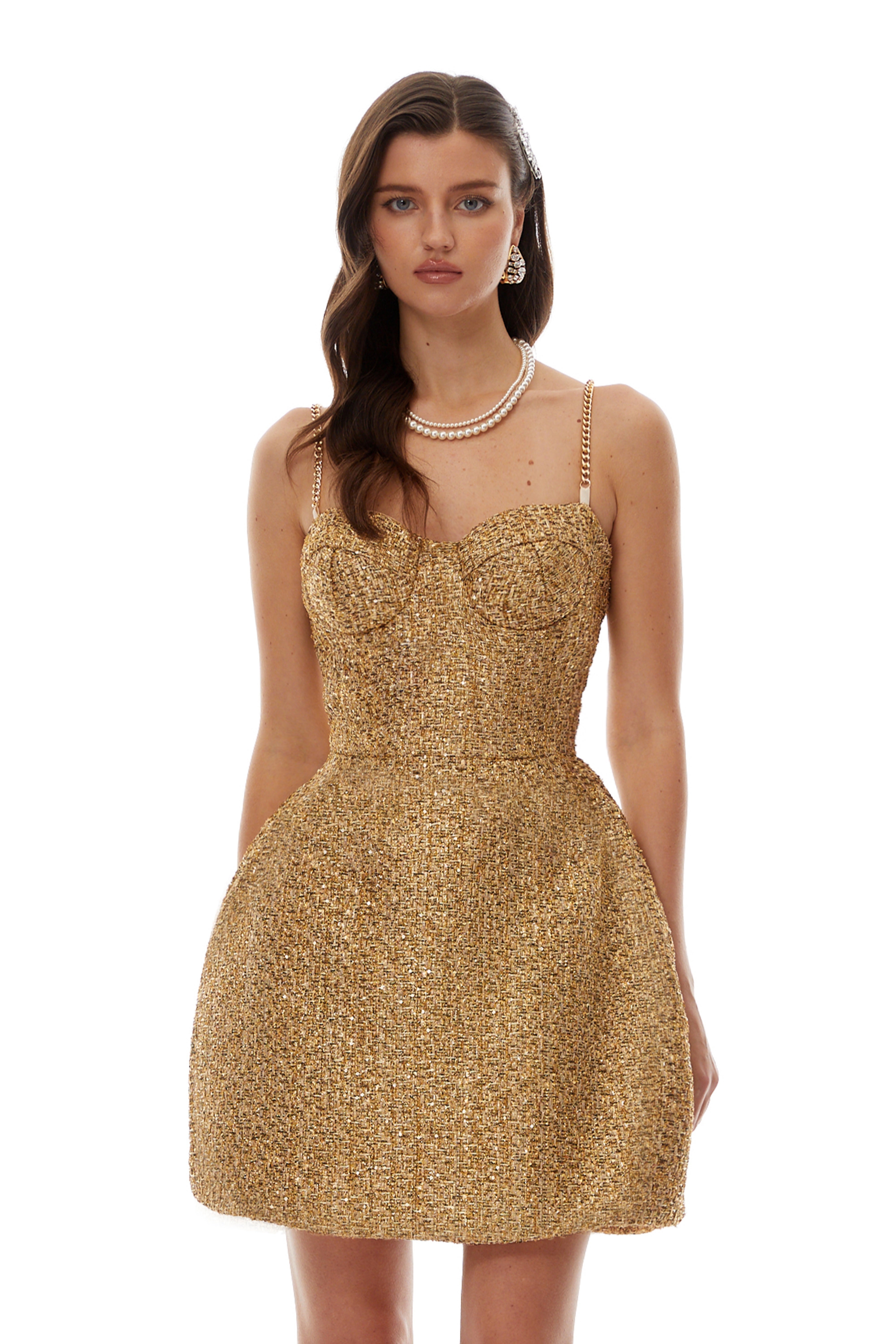 Arna Gold Sweetheart Neckline Tweed Mini Dress (Final Sale)