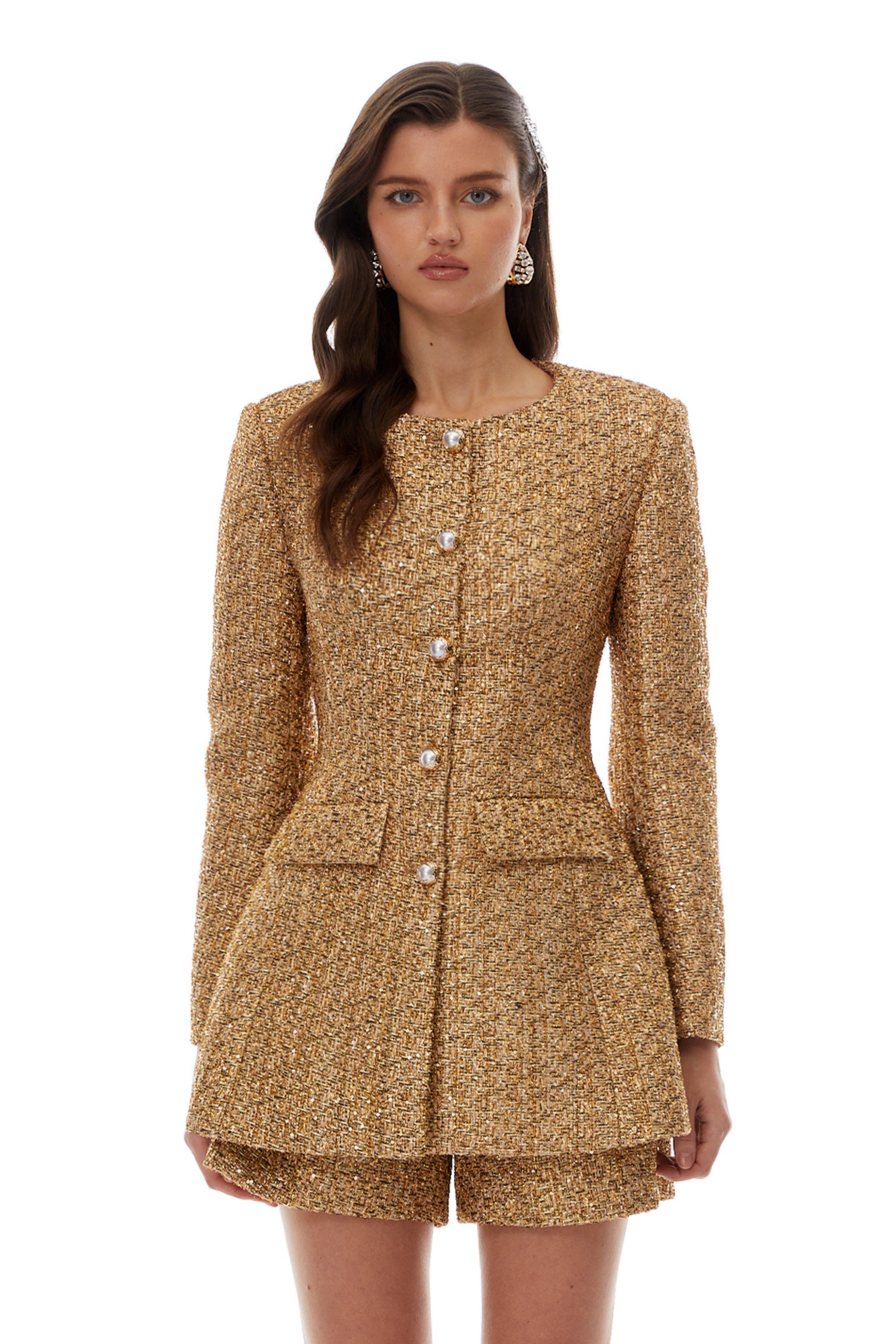 Arna Gold Tweed Mini Blazer Dress & Shorts Set