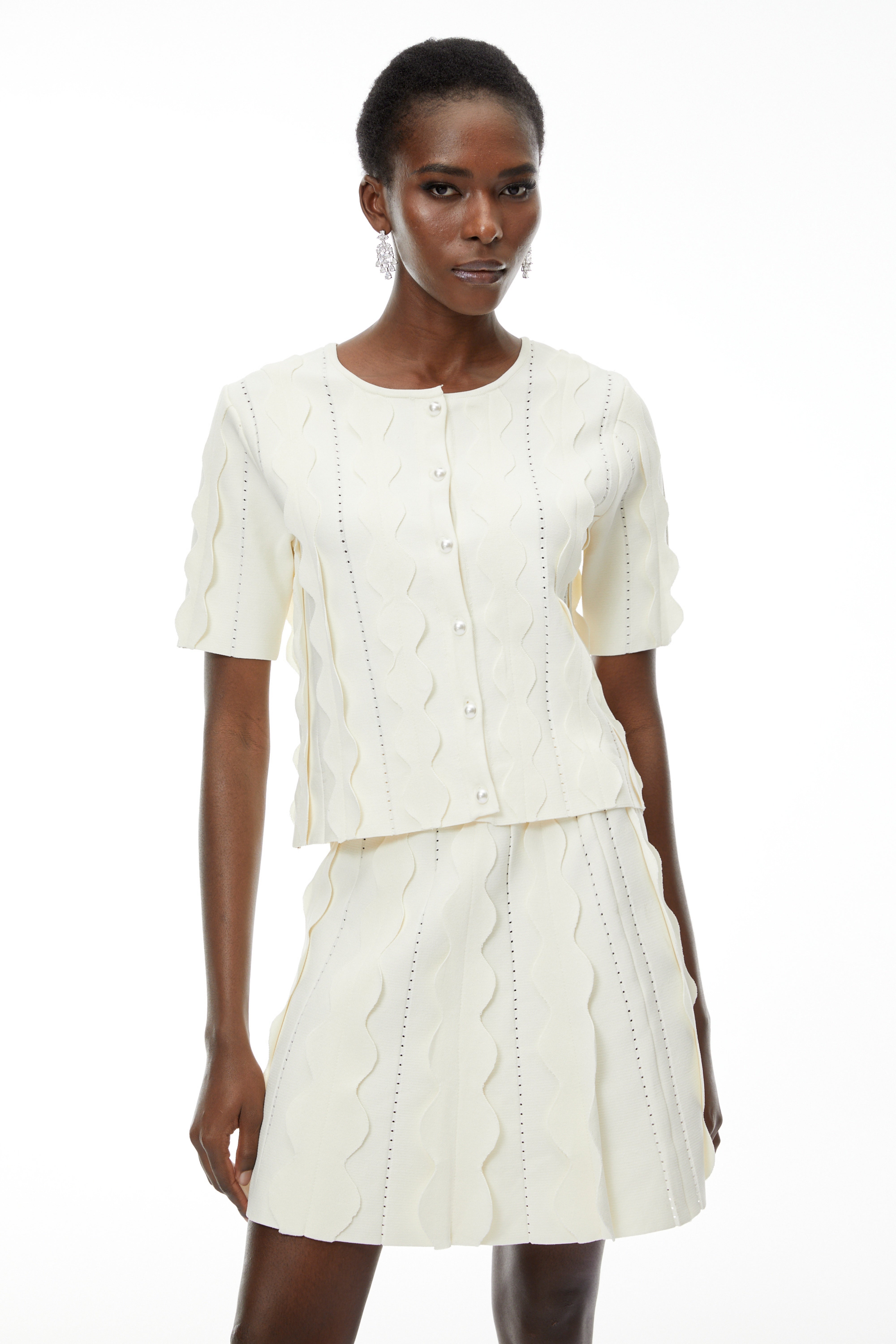Ásdís White Beaded Blouse & Skirt Set