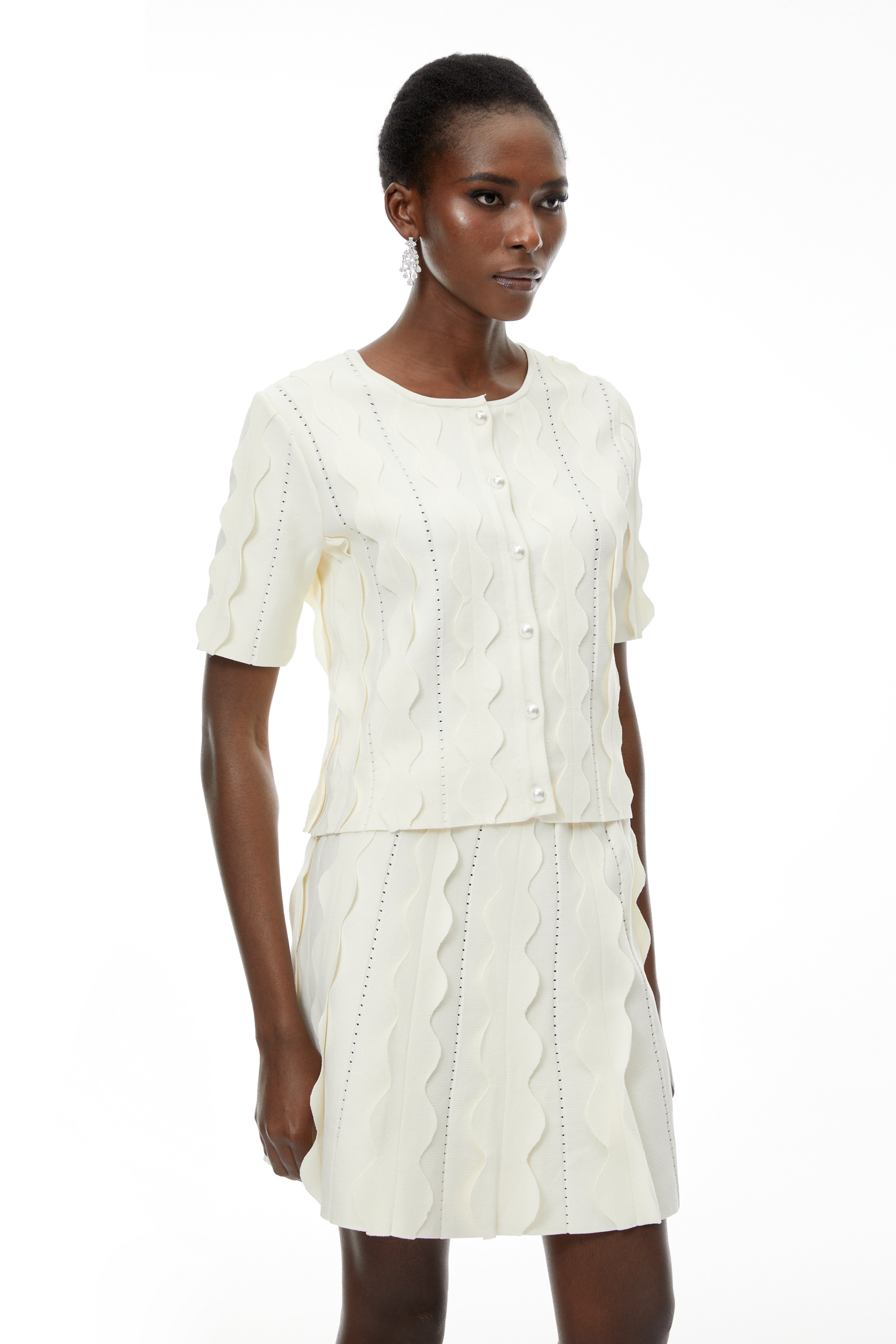 Ásdís White Beaded Blouse & Skirt Set