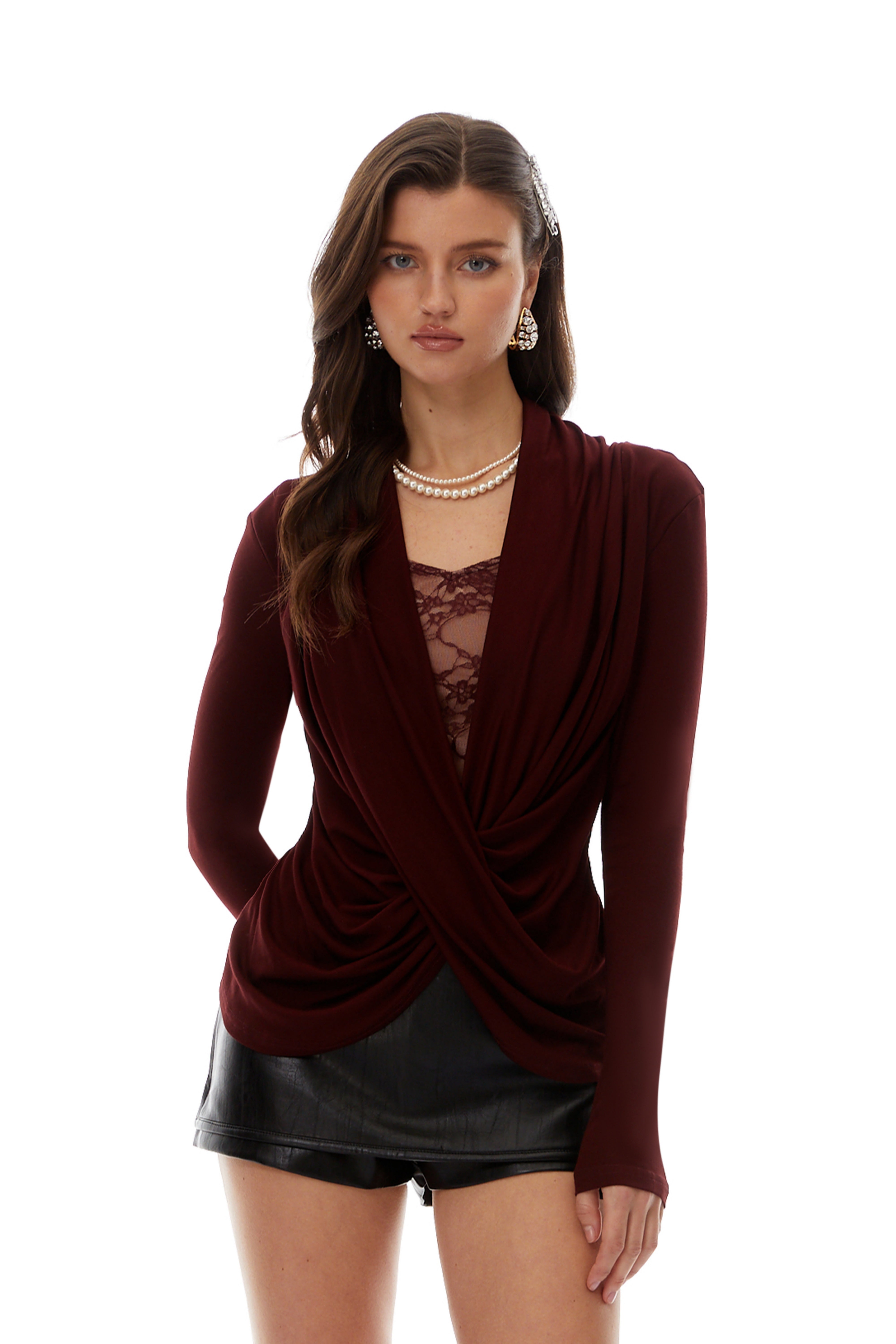 Bianca Burgundy Lace Panel Ruched Blouse