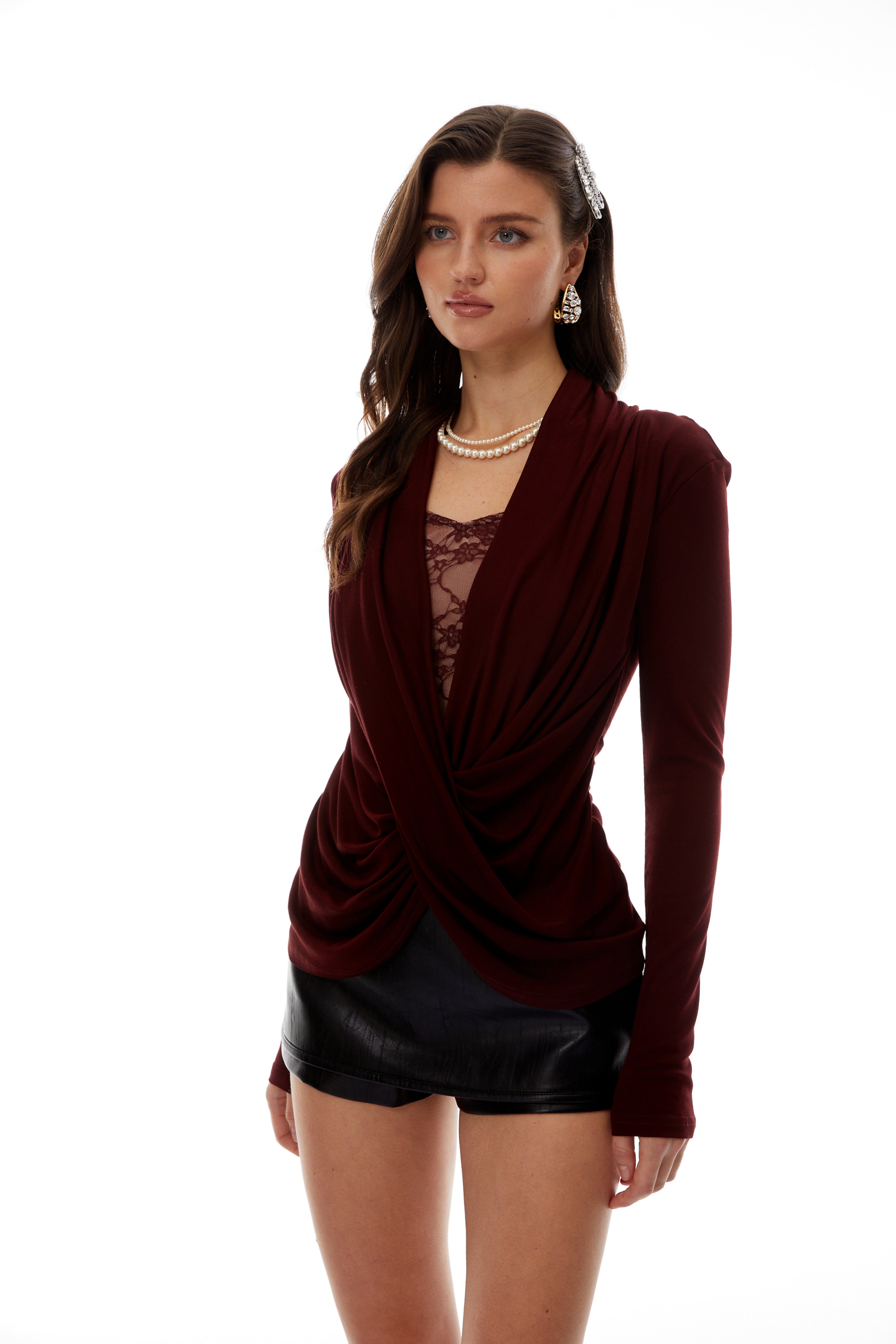 Bianca Burgundy Lace Panel Ruched Blouse