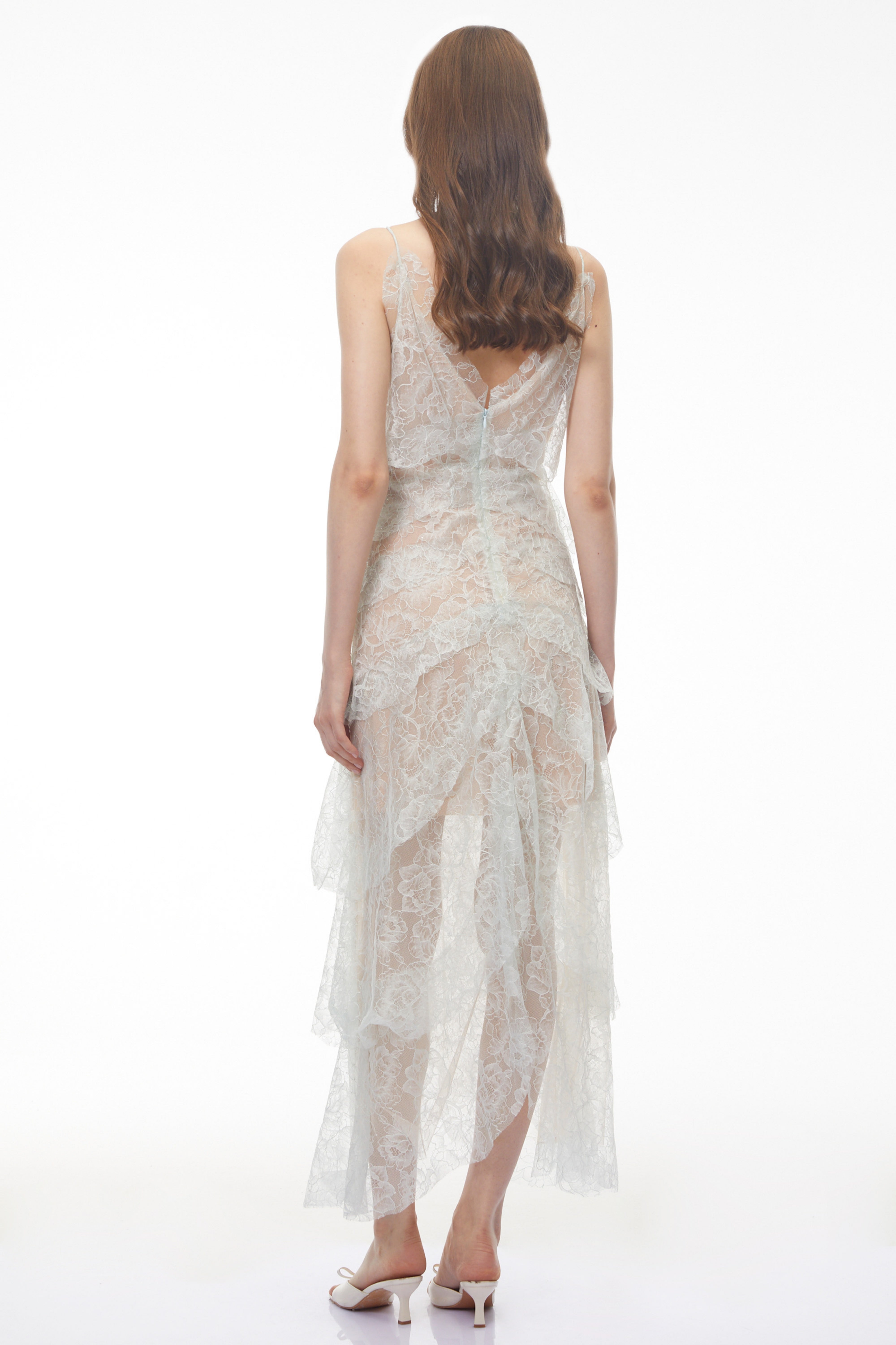 Atousa Blue Layered Floral Lace Maxi Dress with Bow