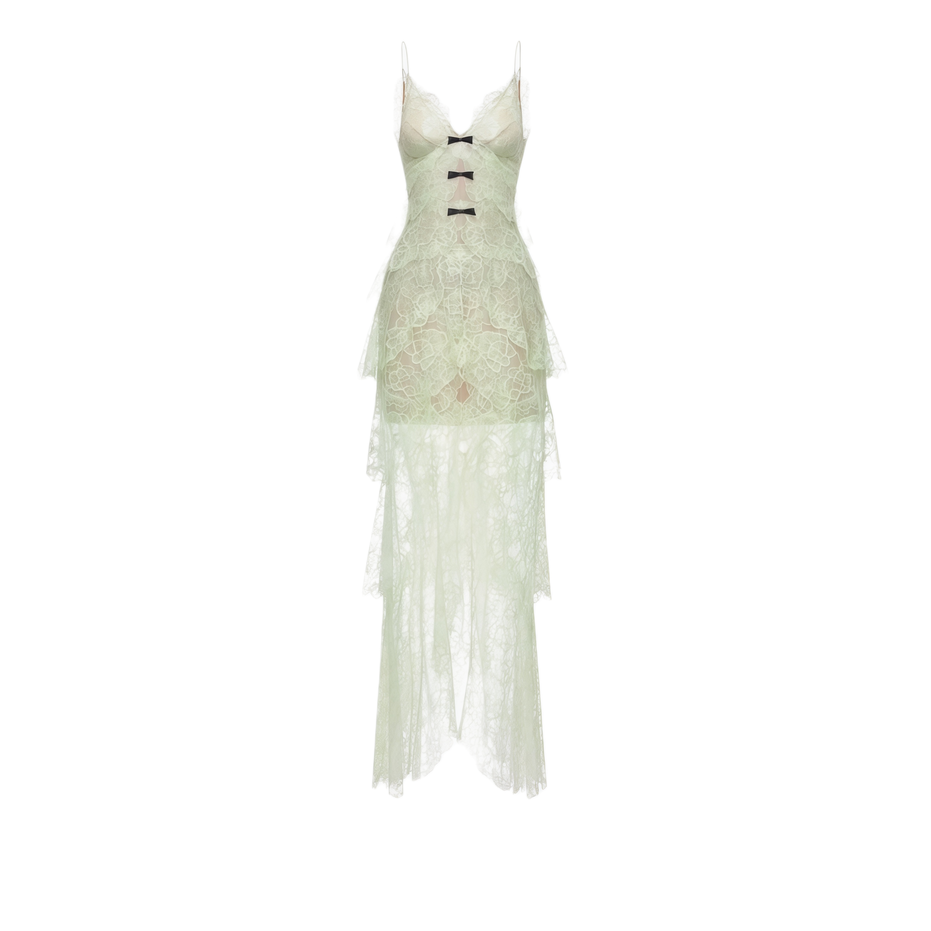 Atousa Green Layered Floral Lace Maxi Dress with Bow
