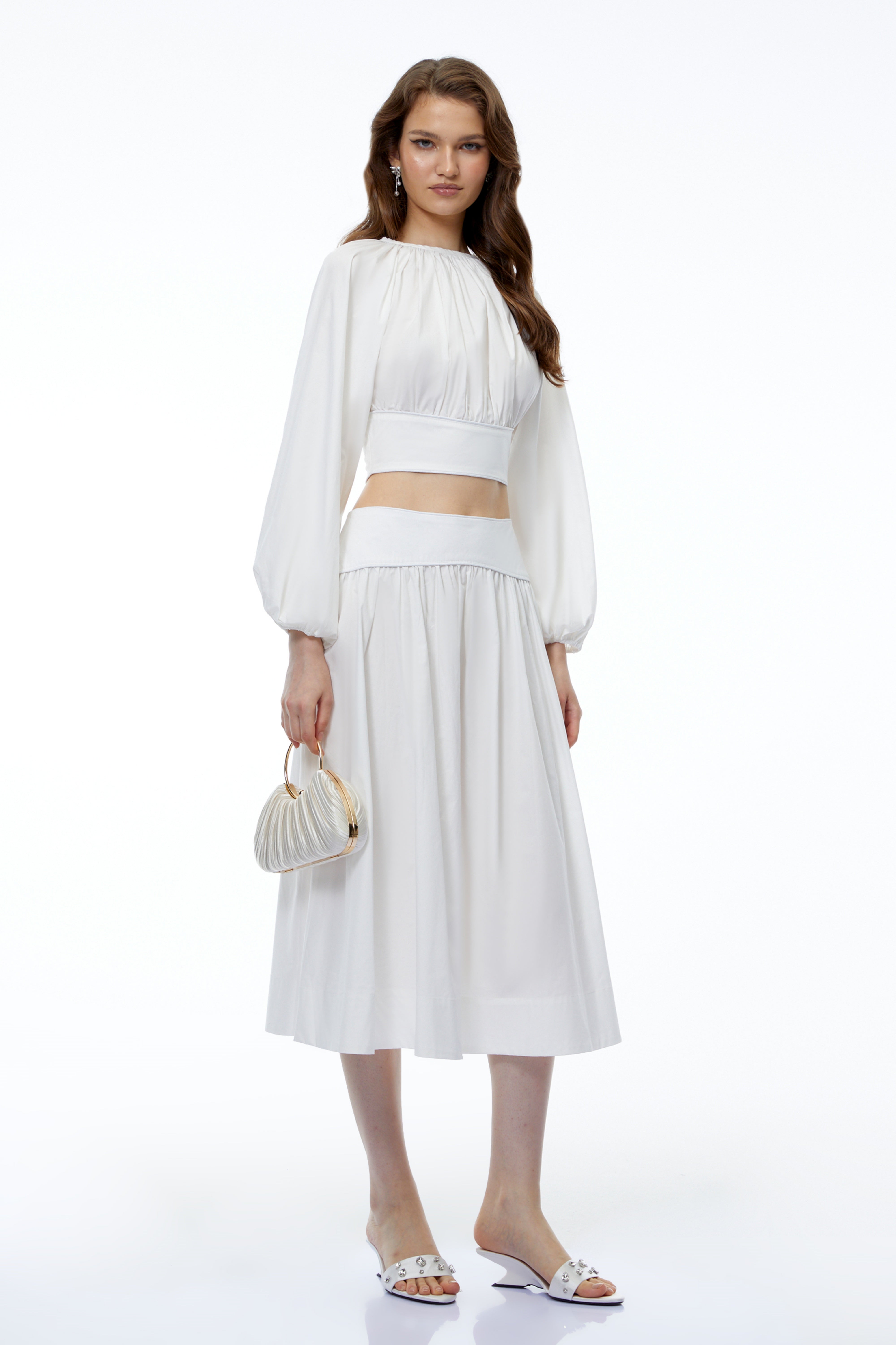 Aubrey White Round Neck Puff Sleeve Top & Skirt Set