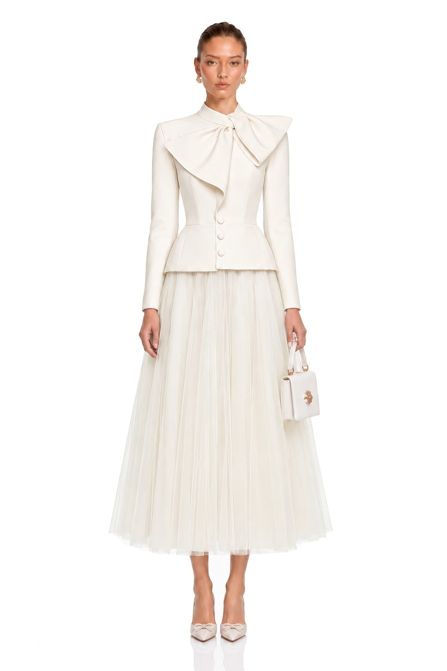 aurelia white bow collar jacket & tulle skirt set