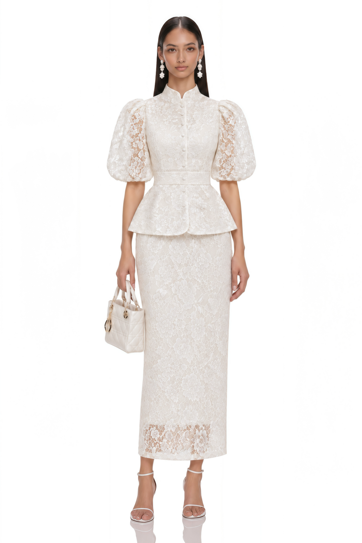 aurelia white floral lace puff sleeve blouse & midi skirt set