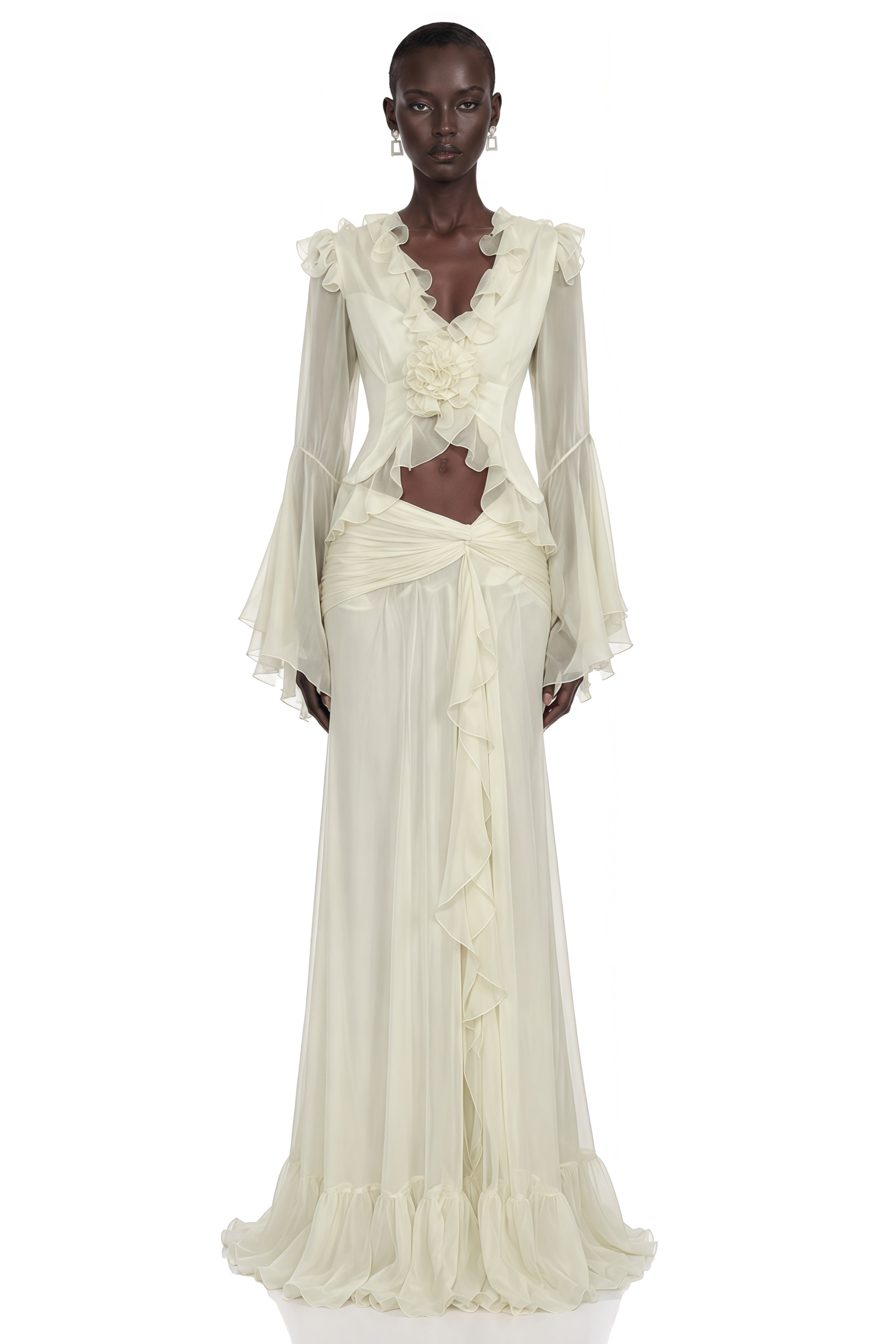 Aurora White Floral Applique Crop Top & Draped Skirt Set