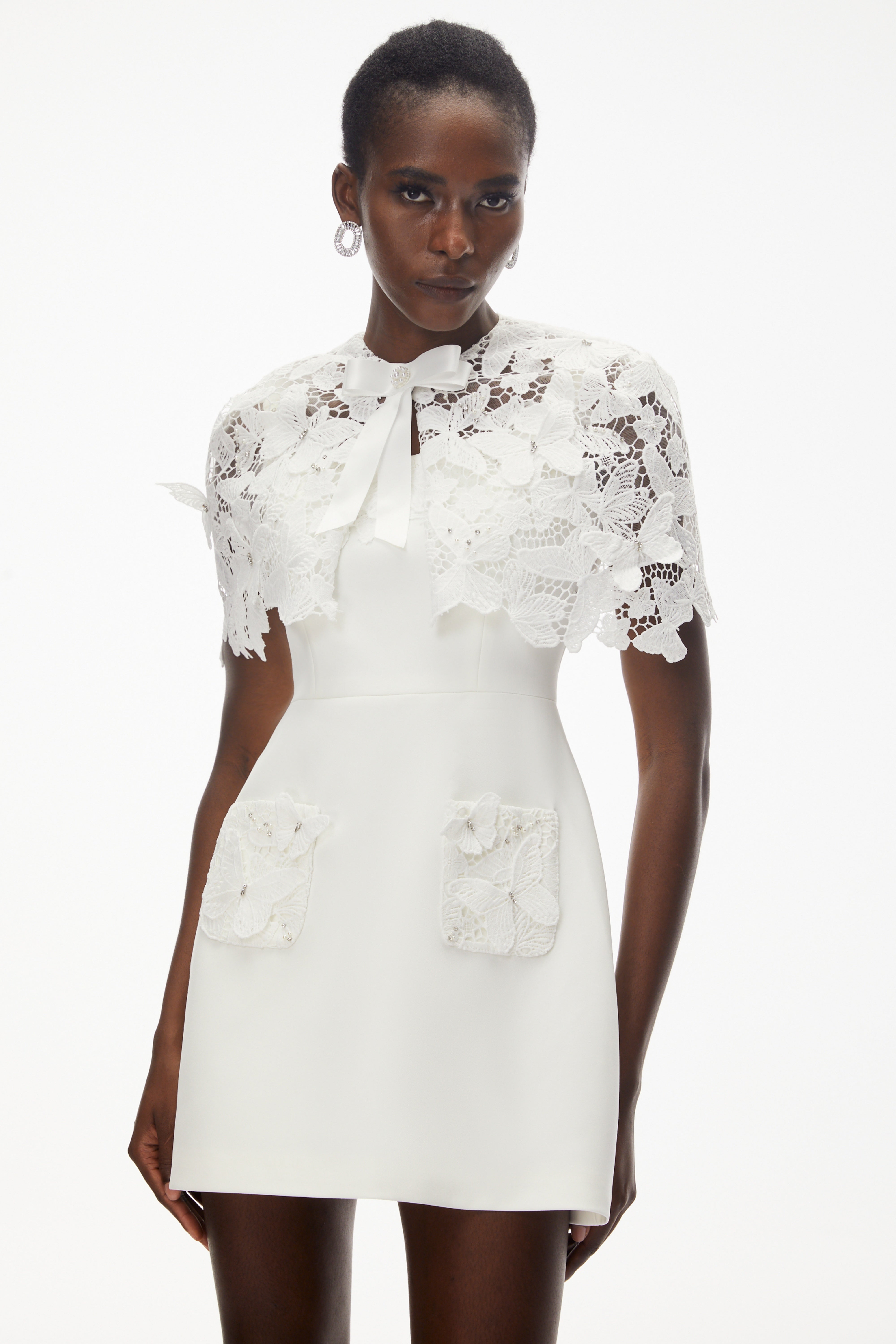 Ava White Floral Lace Mini Dress with Butterfly Applique