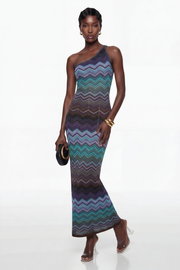 Avery Blue Knit Maxi Dress with Wave Pattern