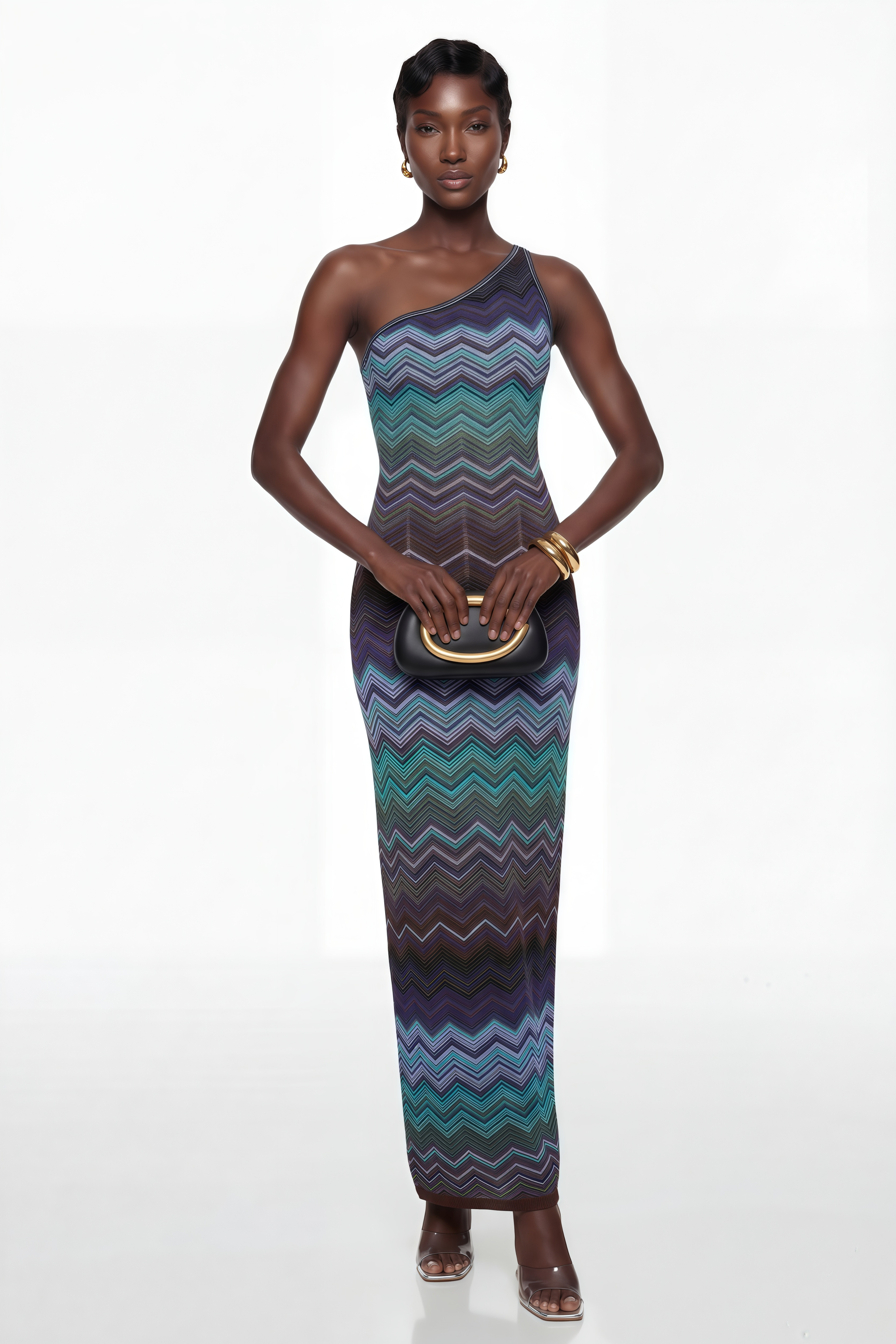 Avery Blue Knit Maxi Dress with Wave Pattern