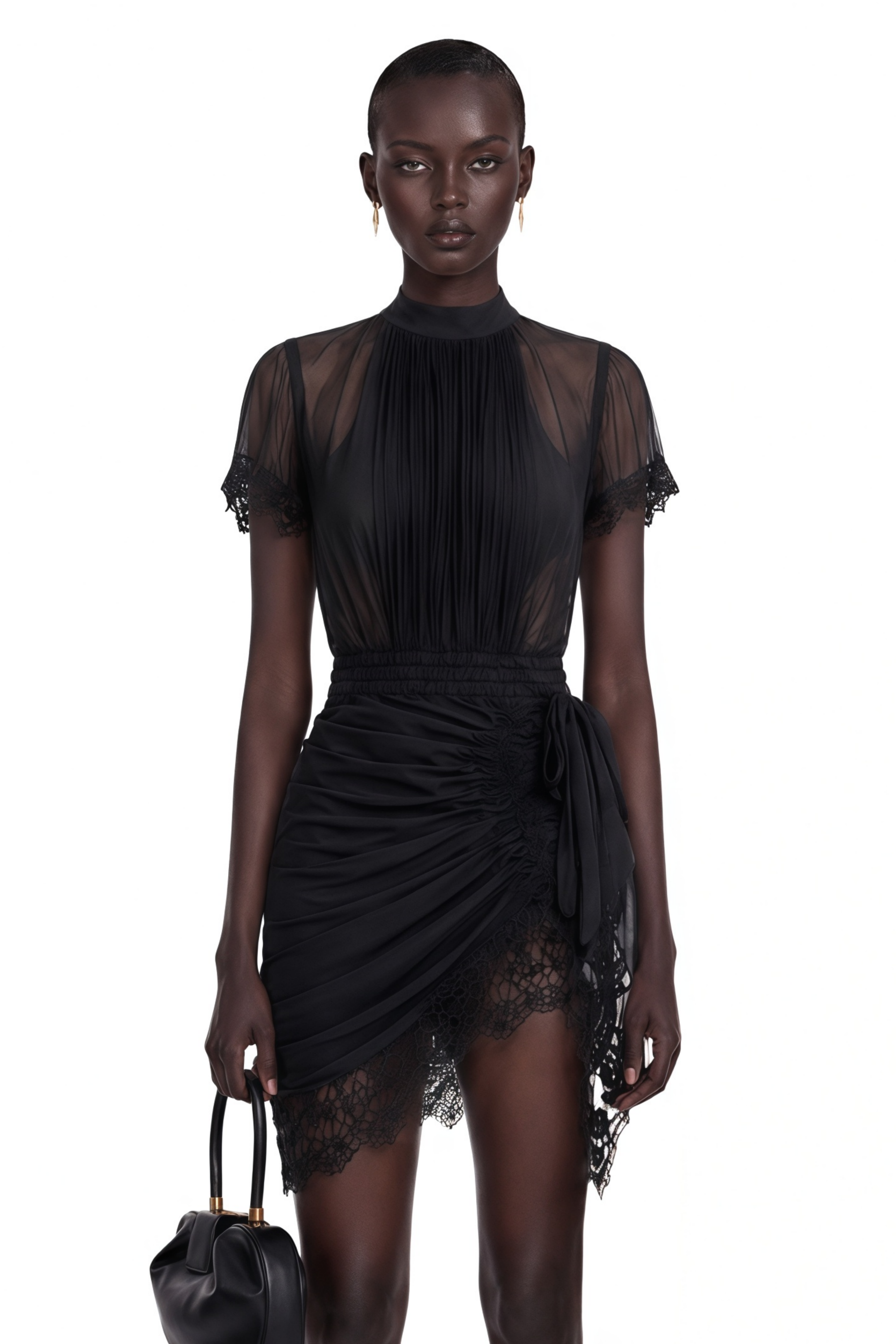 Avis Black Ruched Mini Dress with Lace Trim