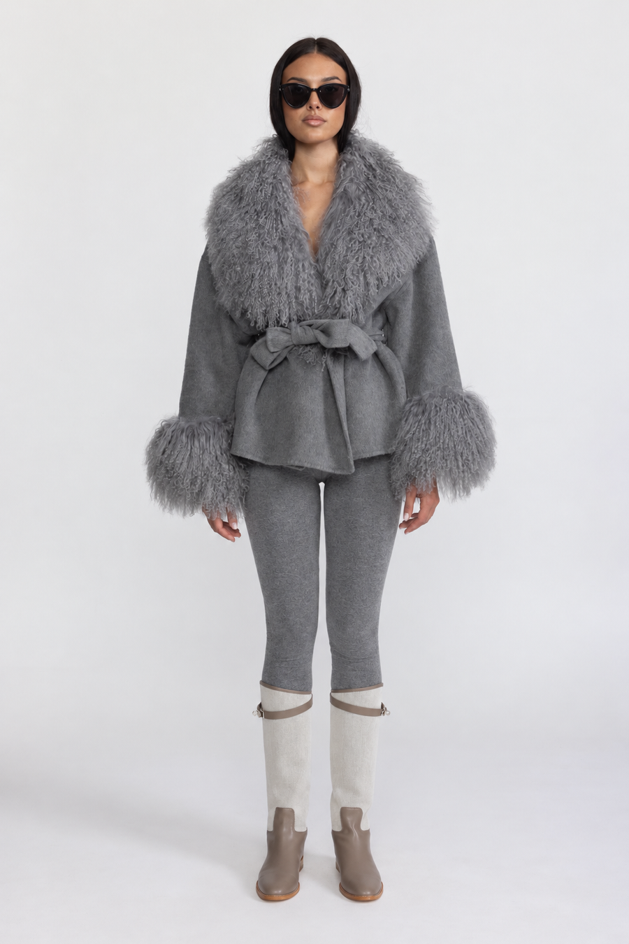 Odette Grey Belted Wool Jacket With Curly Fur-Effect Collar And Cuffs