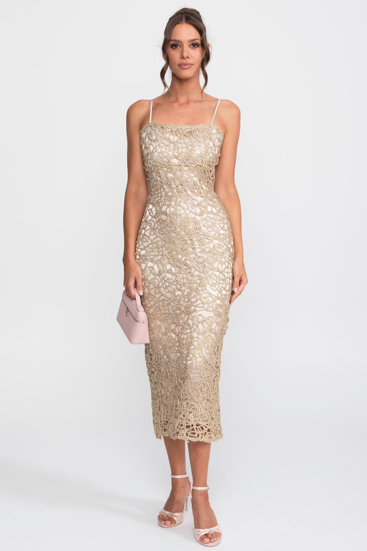 Metallic Lace Sheath Dress With Square Neck - Gold