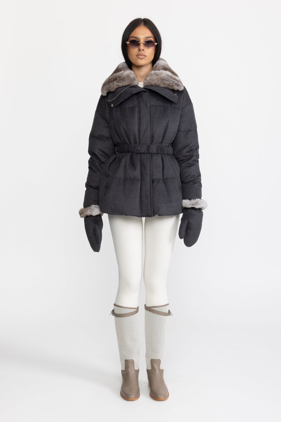 Rex Rabbit Fur Collar Cotton-Silk Down Jacket - Charcoal