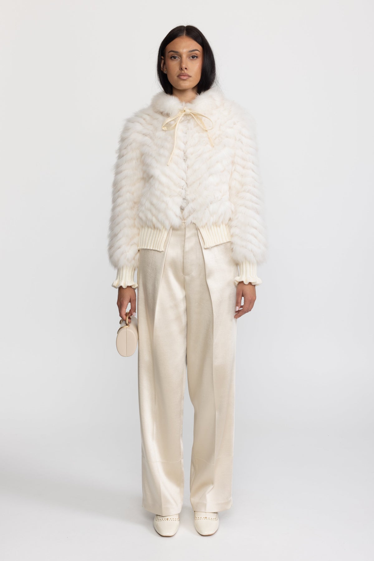 Knitted Fox Fur Bomber Jacket with Tie Neck - Ivoire