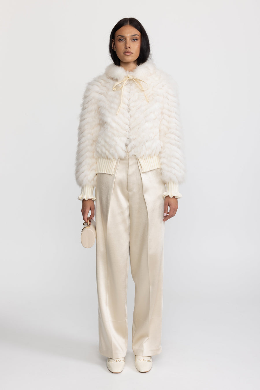 Knitted Fox Fur Bomber Jacket with Tie Neck - Ivoire