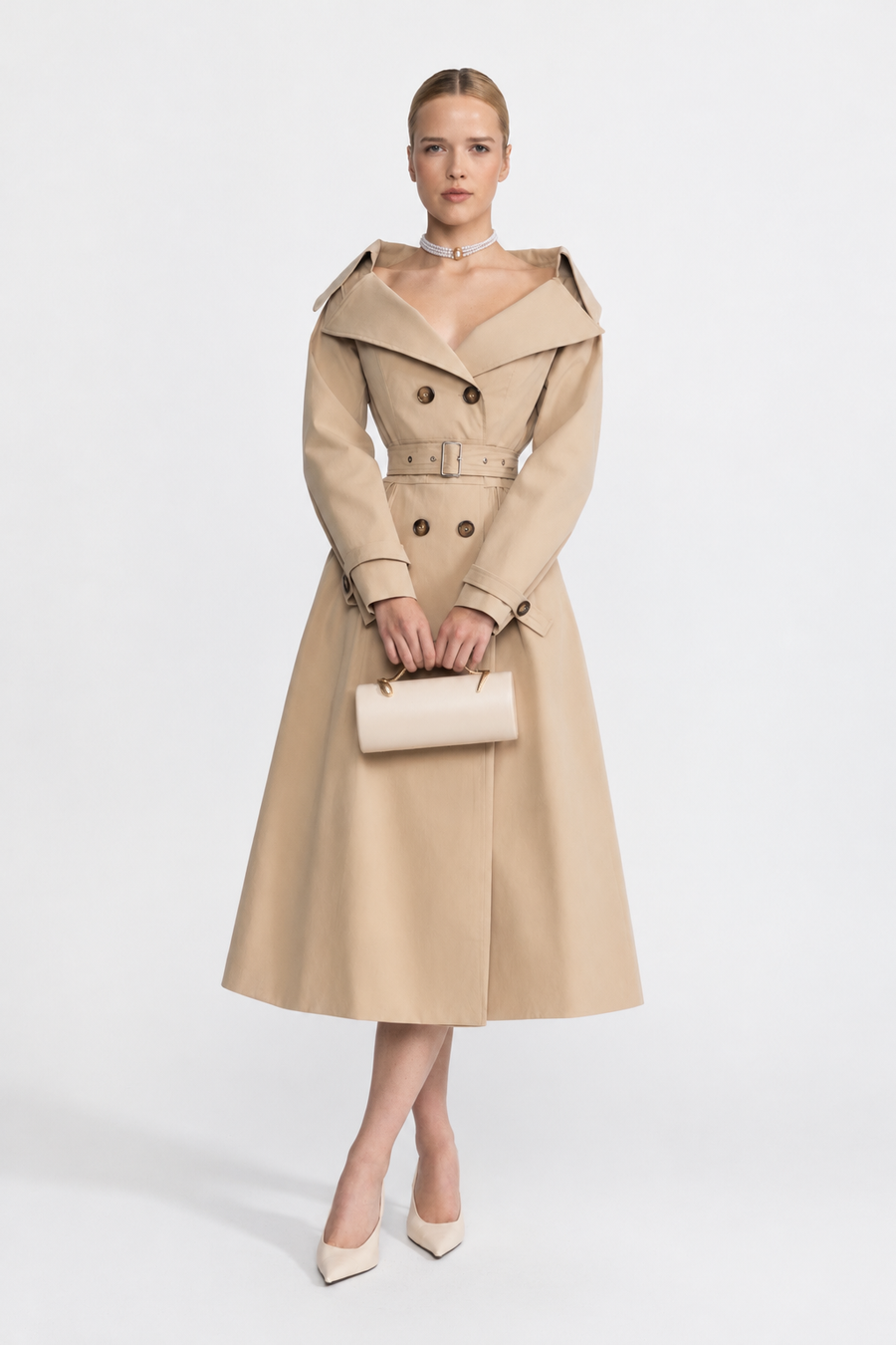 Ariane Beige Off-Shoulder Collar Belted Trench Dress