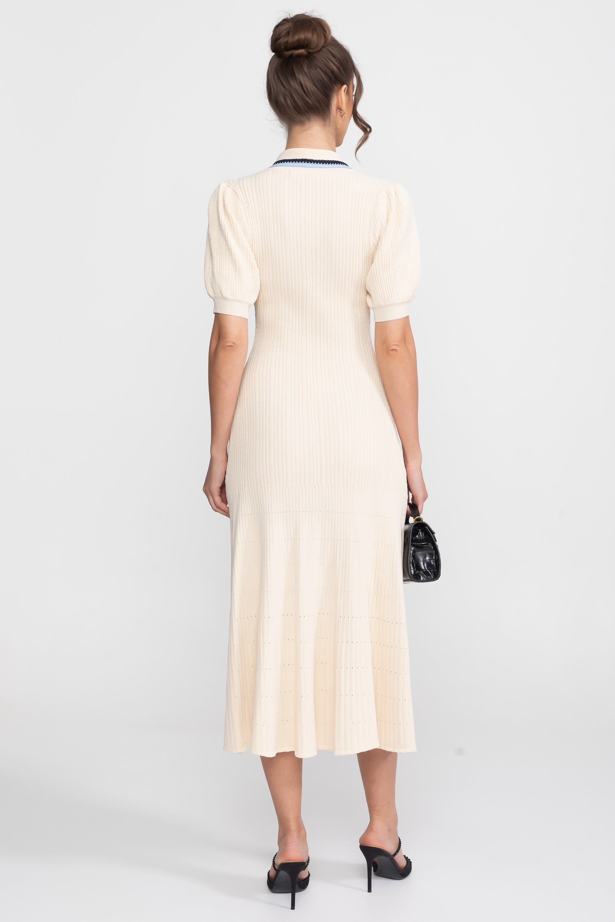 Short Sleeve Knit Midi Dress With Polo Collar And Monogram Patch - Cream