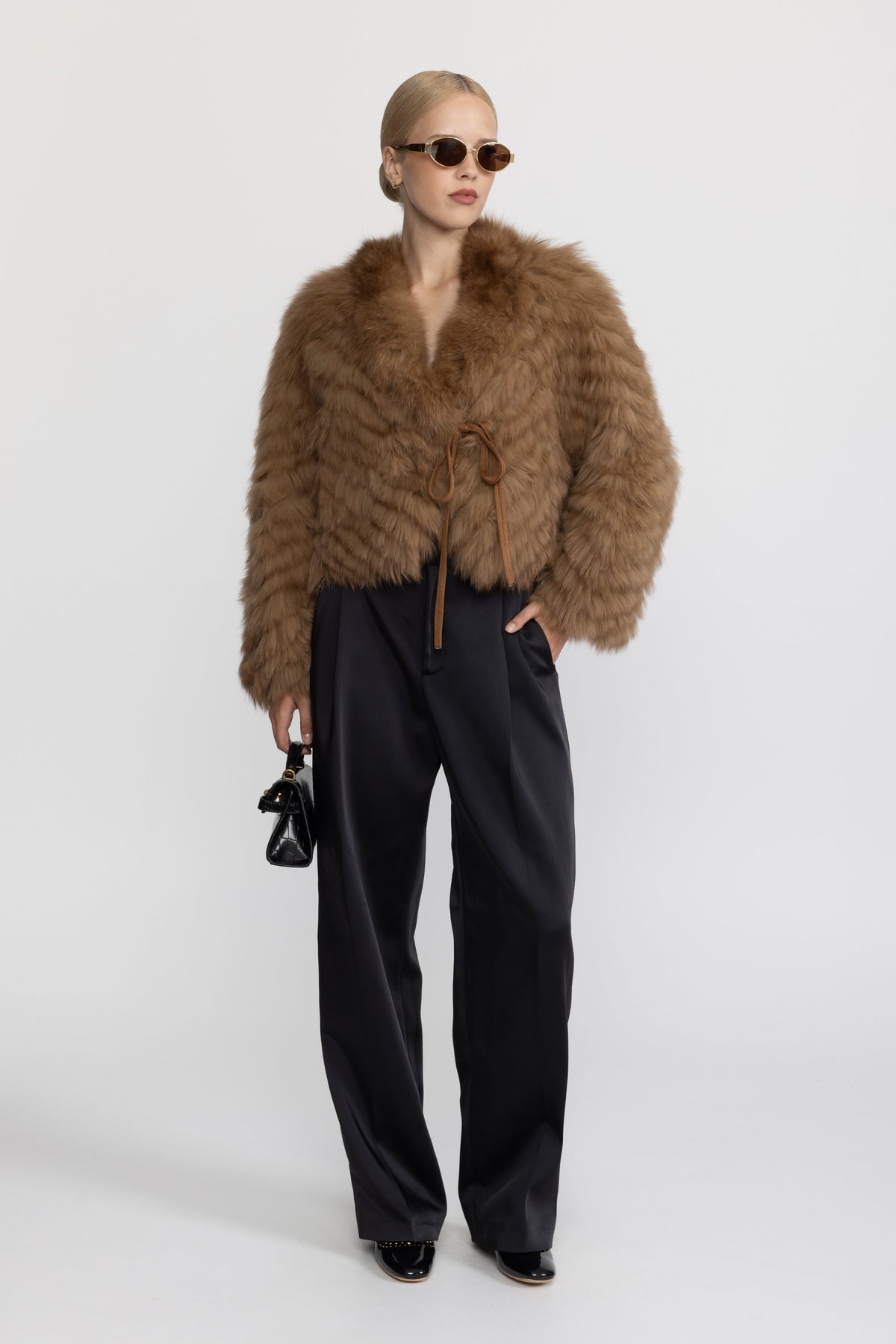 Chevron Fox Fur Cropped Tie Jacket - Camel