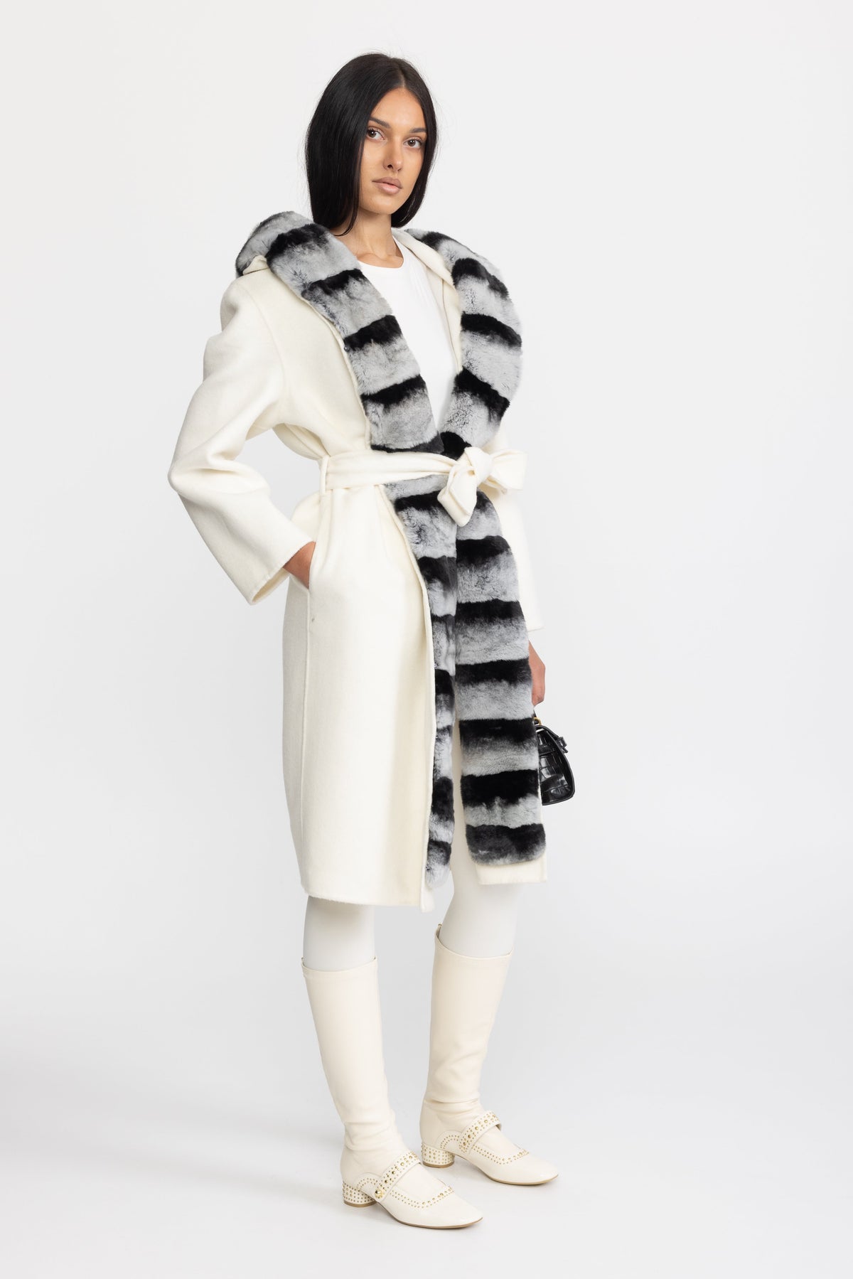 Rex Rabbit Fur Trim Hooded Wool Wrap Coat - Ivoire