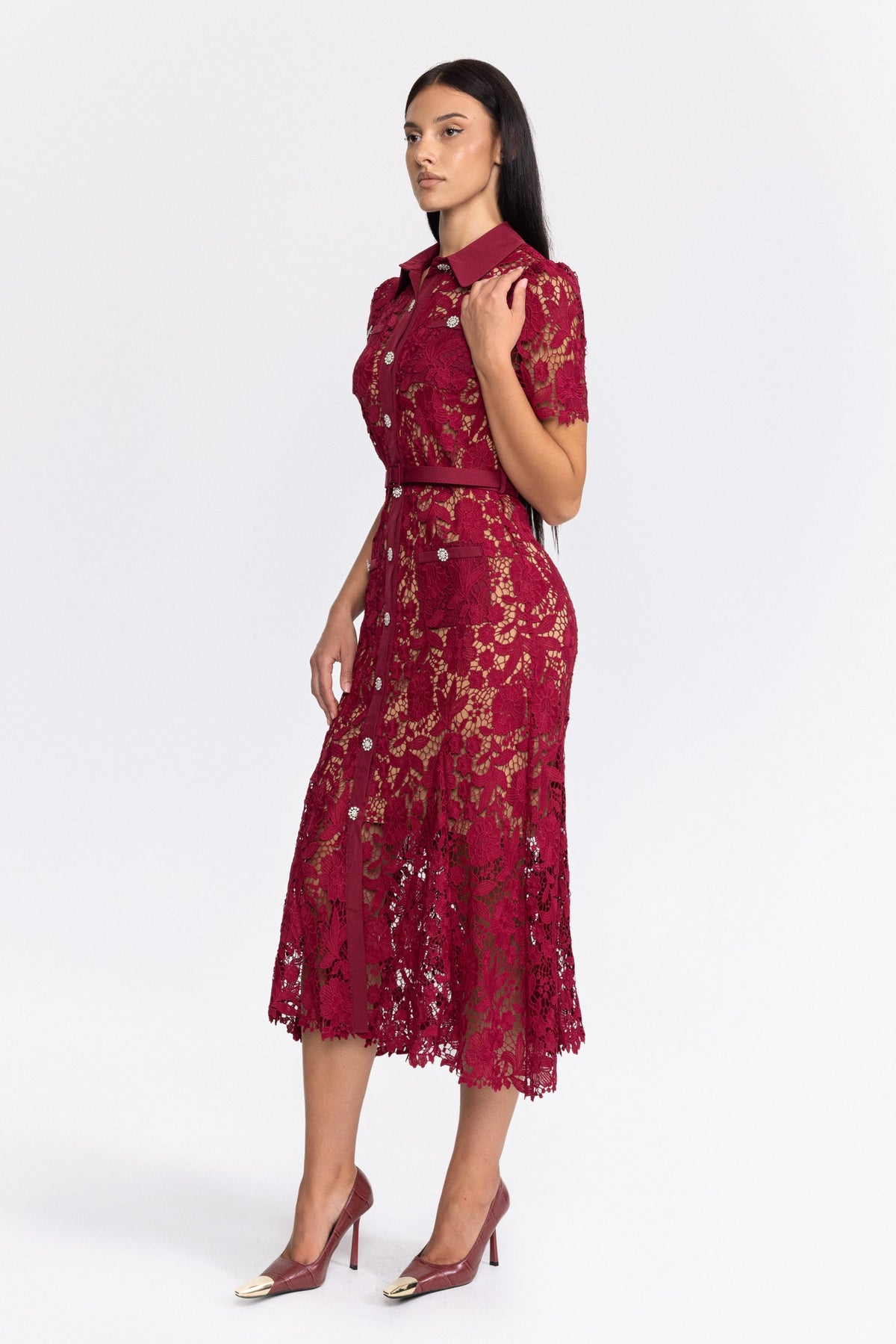 Guipure Lace Crystal Button Shirt Midi Dress - Wine