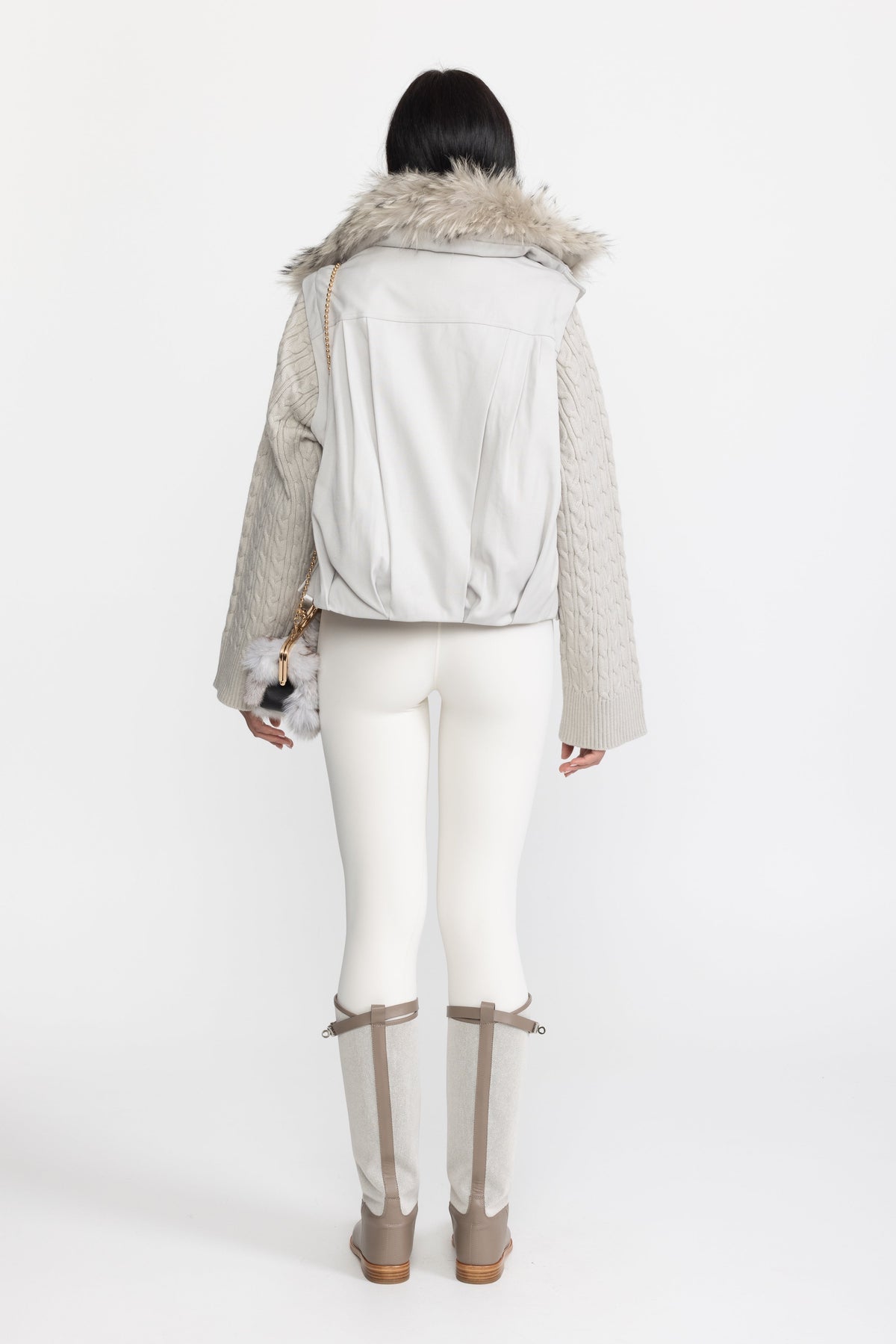 Cable Knit Sleeve Cropped Down Jacket with Raccoon Fur Collar - Light Grey