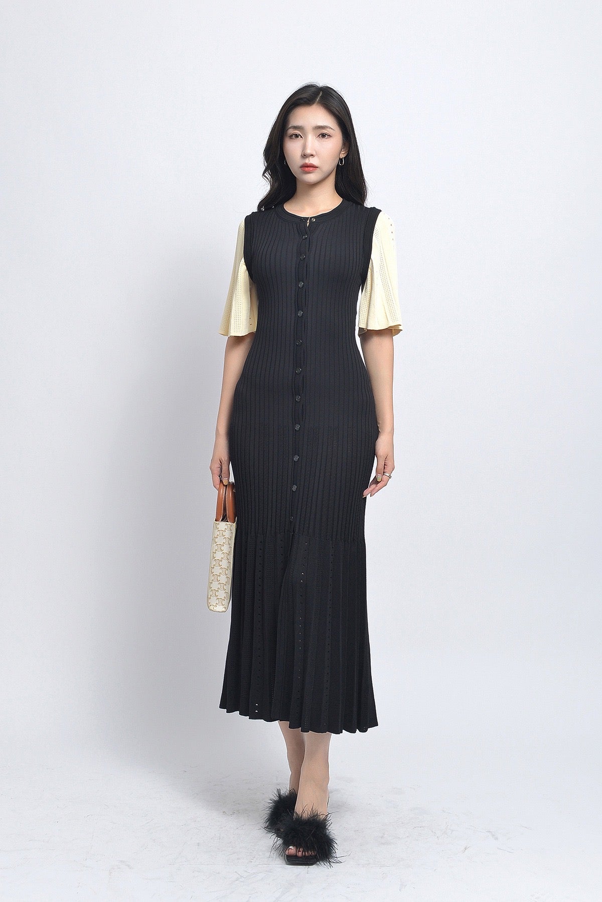 Sandro  Long two tone Tricot midi dress - Black