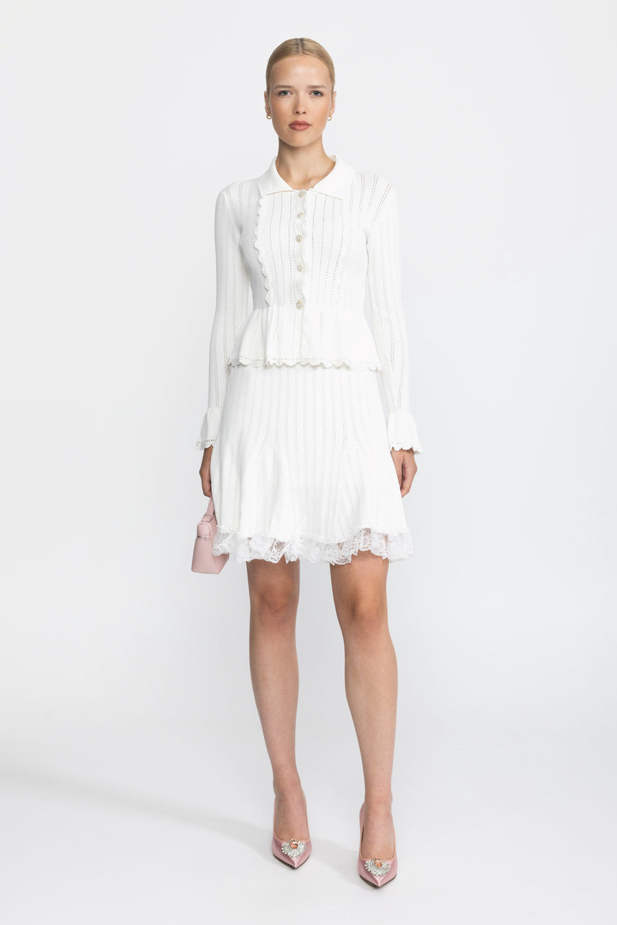Pointelle Knit Peplum Cardigan and Lace Hem Skirt Co-ord Set - White
