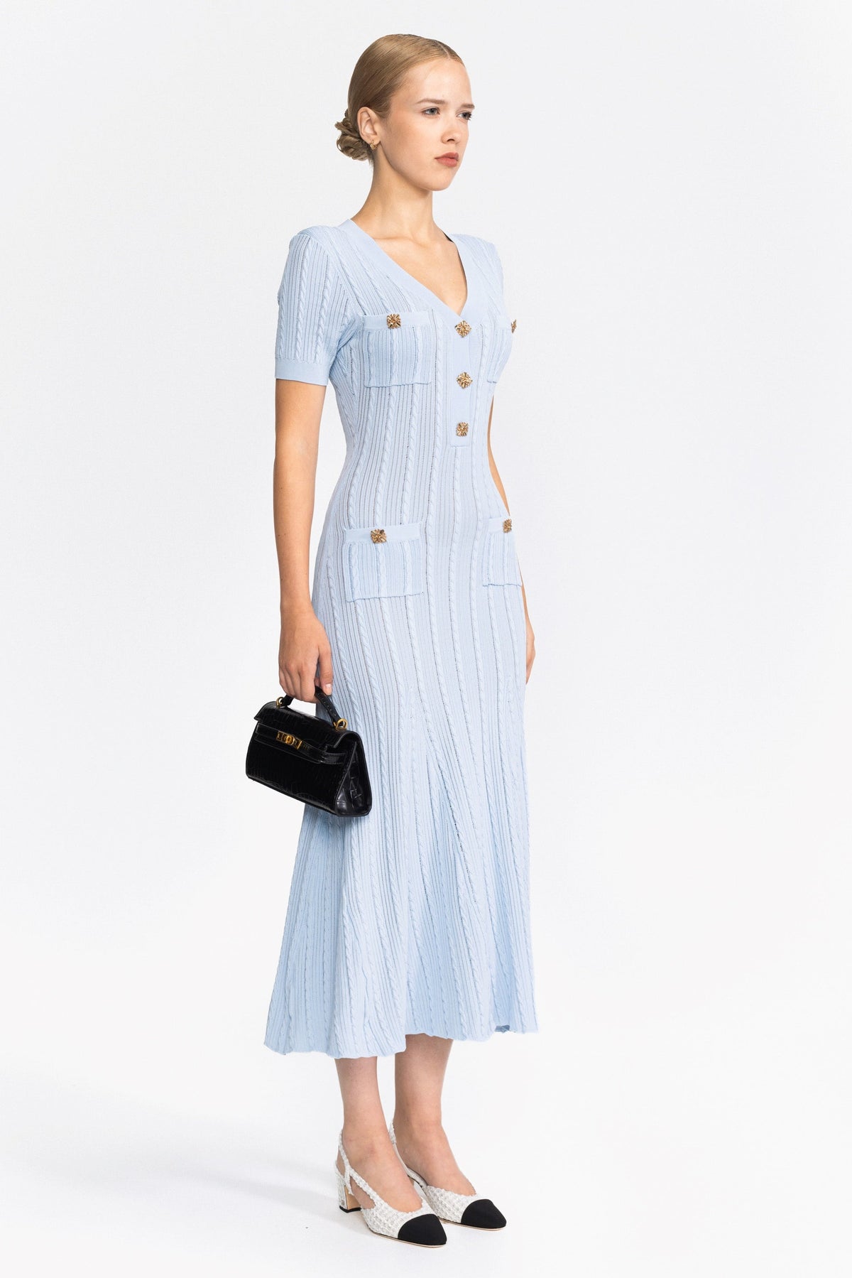 Cable Knit Jewel-Button Midi Dress - Light Blue