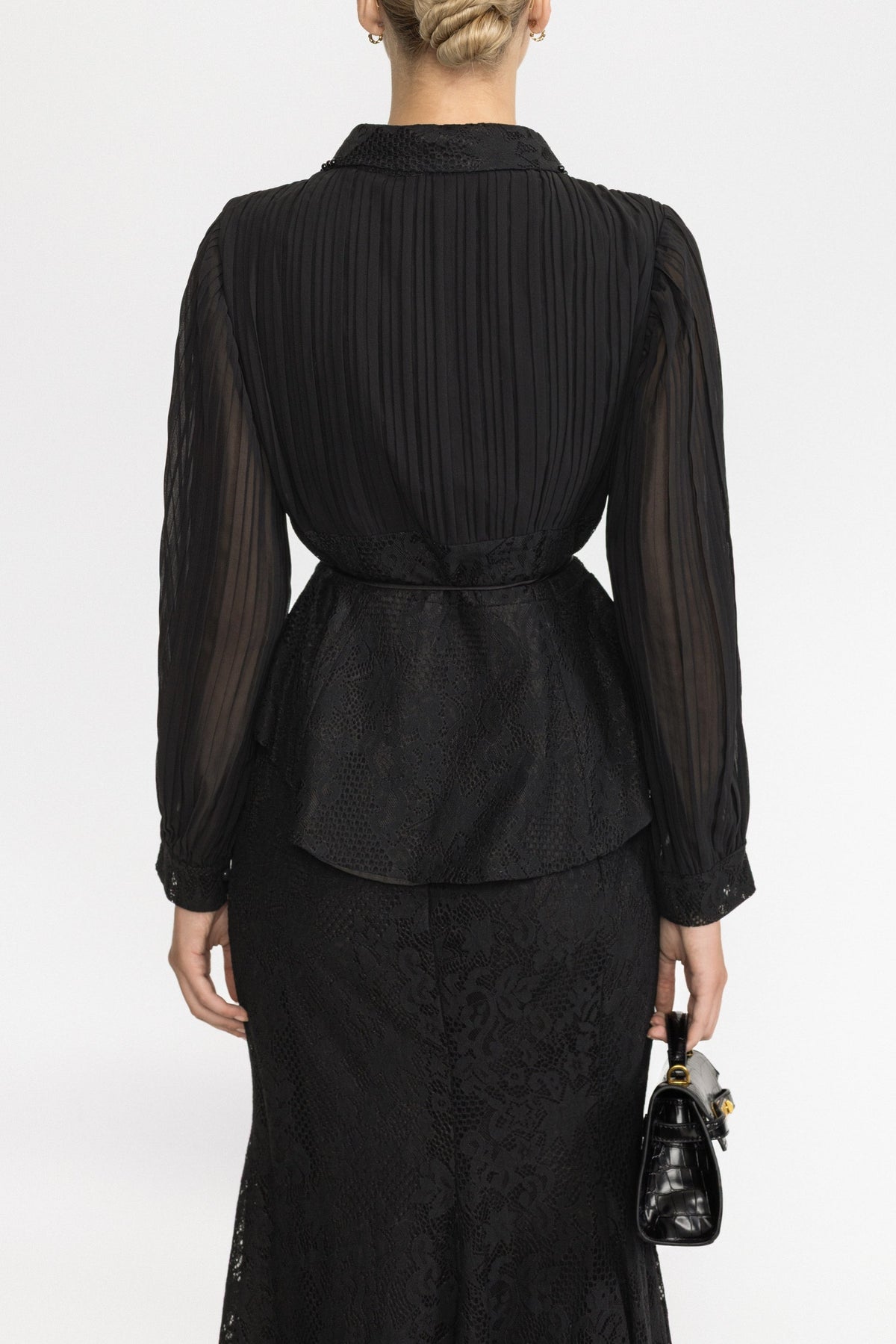 Pleated Chiffon Lace Peplum Blouse and Maxi Skirt Set - Black
