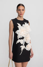 Sleeveless Mini Dress With Round Neckline And 3D Floral Appliqué - Black