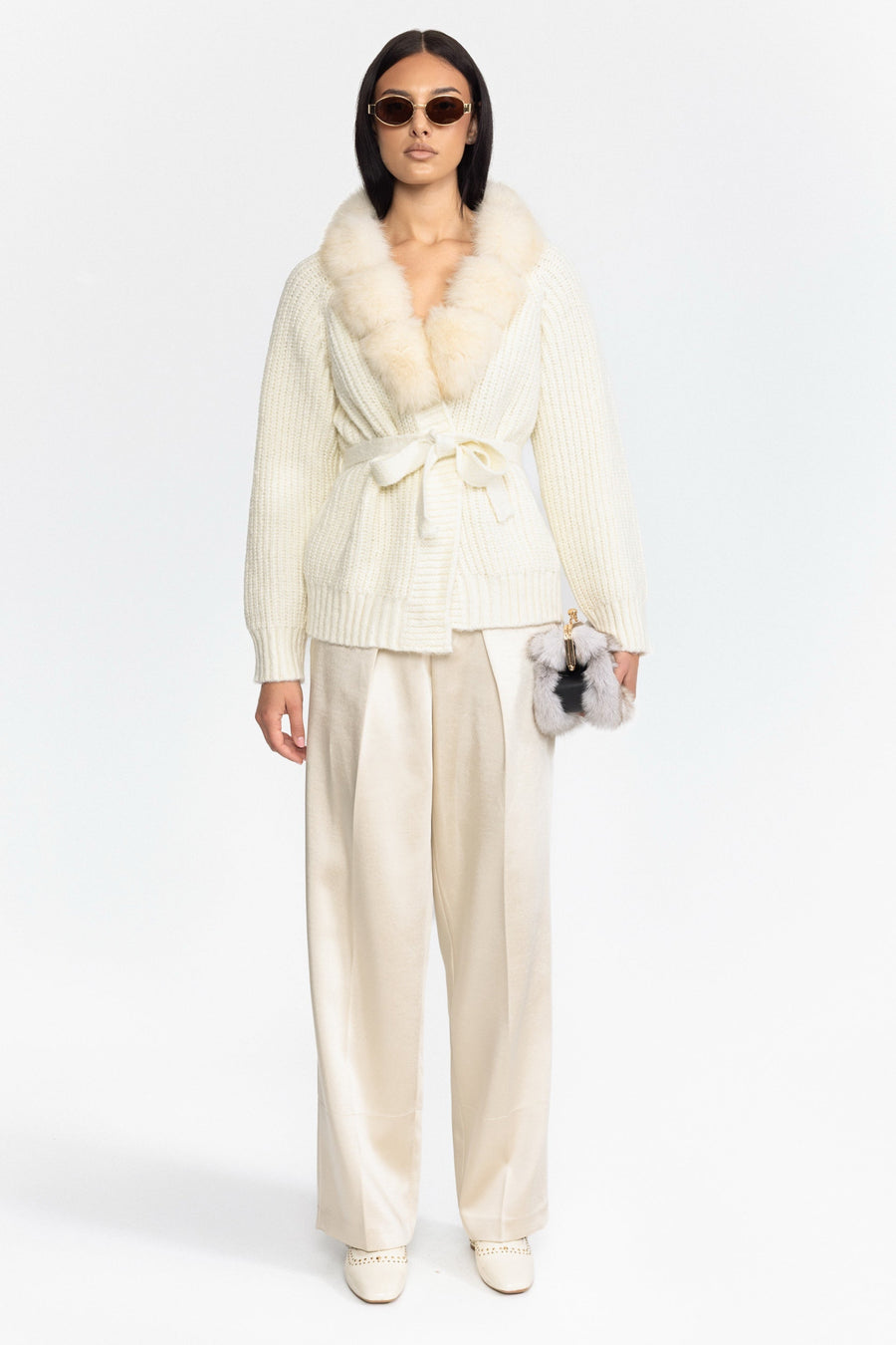 Fox Fur Collar Chunky Knit Belted Cardigan - Off-White