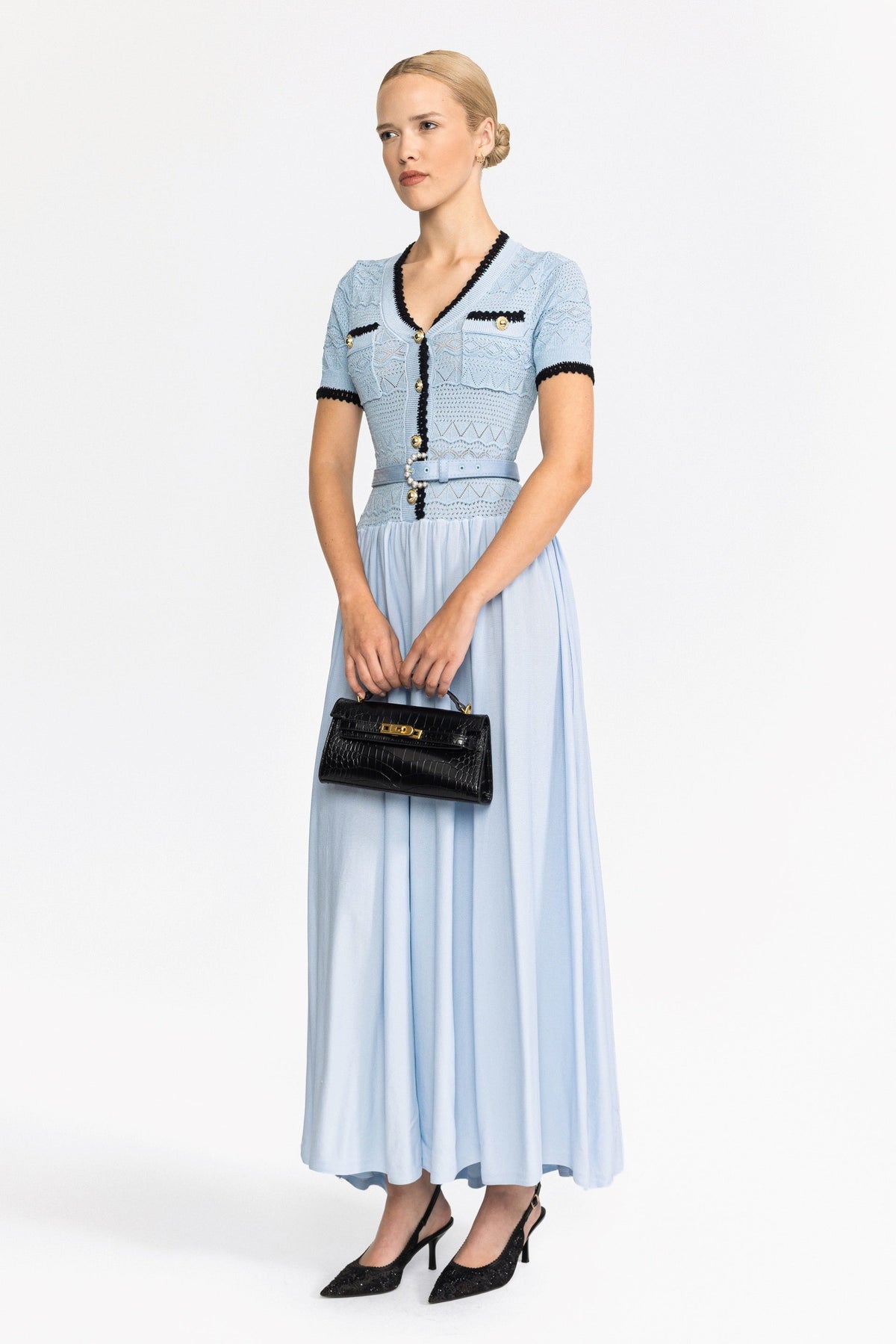 Pointelle Knit Bodice Belted Maxi Dress - Light Blue