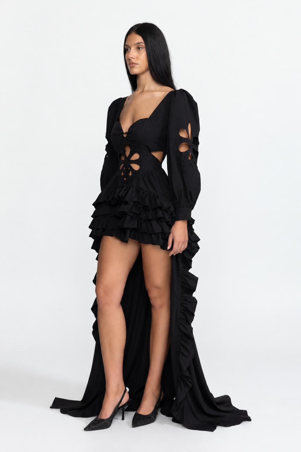 Aurelie Black Embroidered Cutout Puff Sleeve High-Low Ruffle Gown