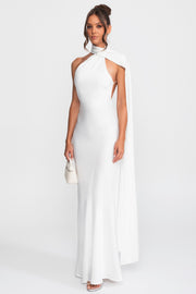 Twist Halter Satin Slip Dress With Asymmetric Neckline - White