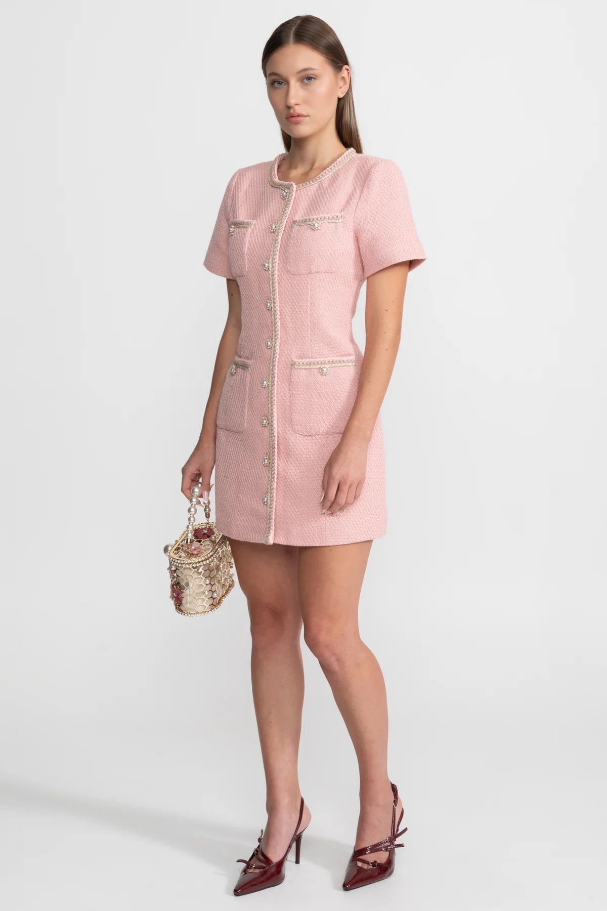 Short Sleeve Tweed Mini Dress With Pearl Buttons – Blush Pink
